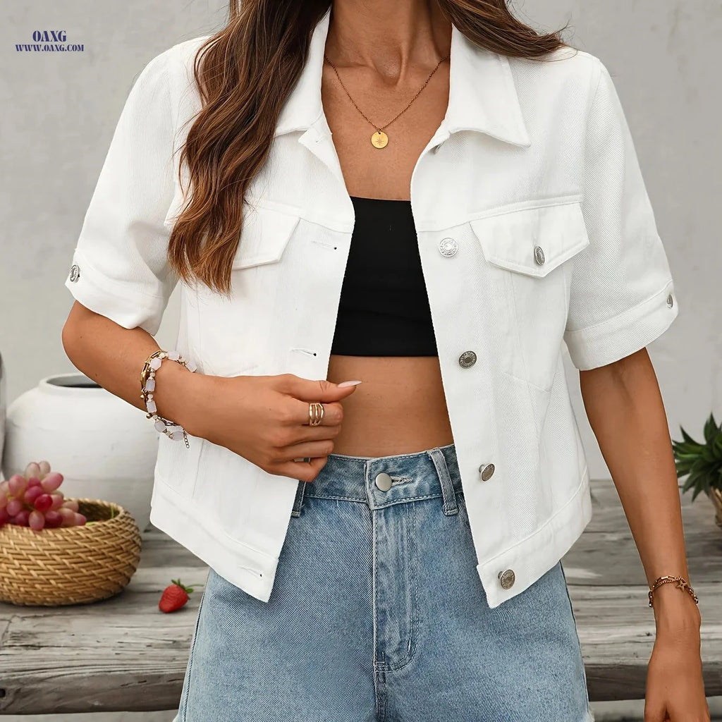 OAXG Vintage Slim Fit Denim Jacket - Short Sleeve, Elegant Style   OAXG 