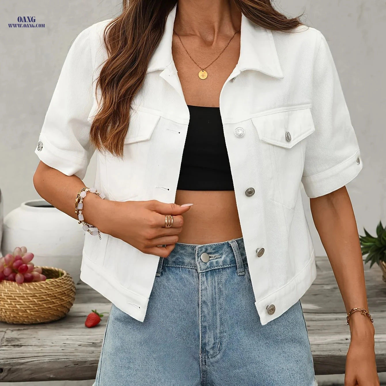 OAXG Vintage Slim Fit Denim Jacket - Short Sleeve, Elegant Style   OAXG 
