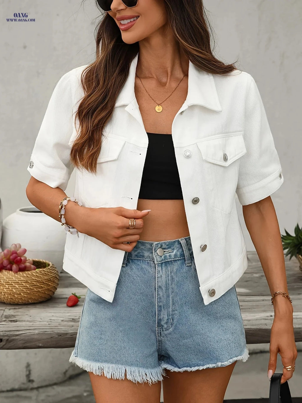OAXG Vintage Slim Fit Denim Jacket - Short Sleeve, Elegant Style   OAXG 