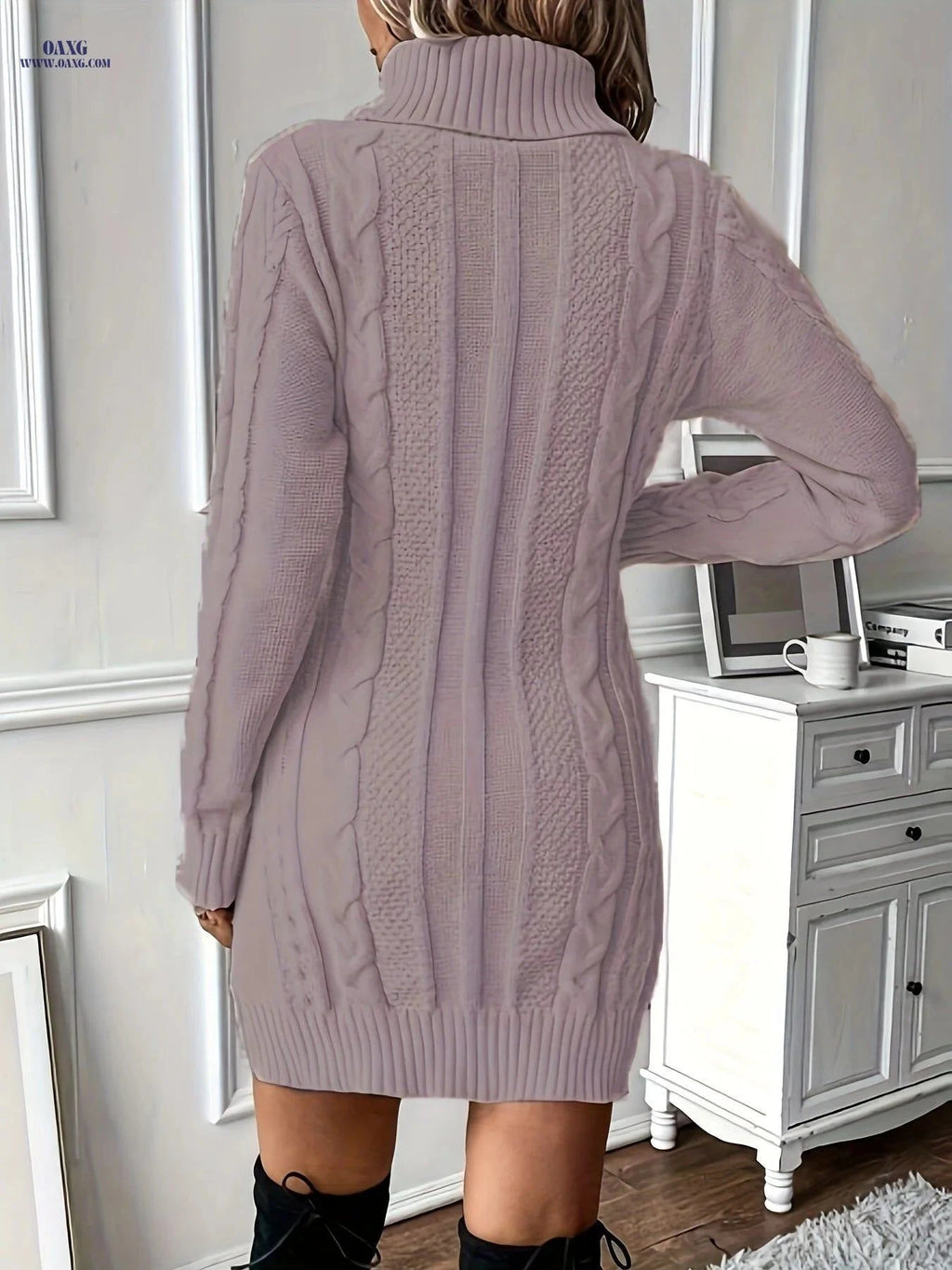 OAXG Winter Ribbed Dress - Sexy High Neck A-Line Midi Style   OAXG Apricot / S