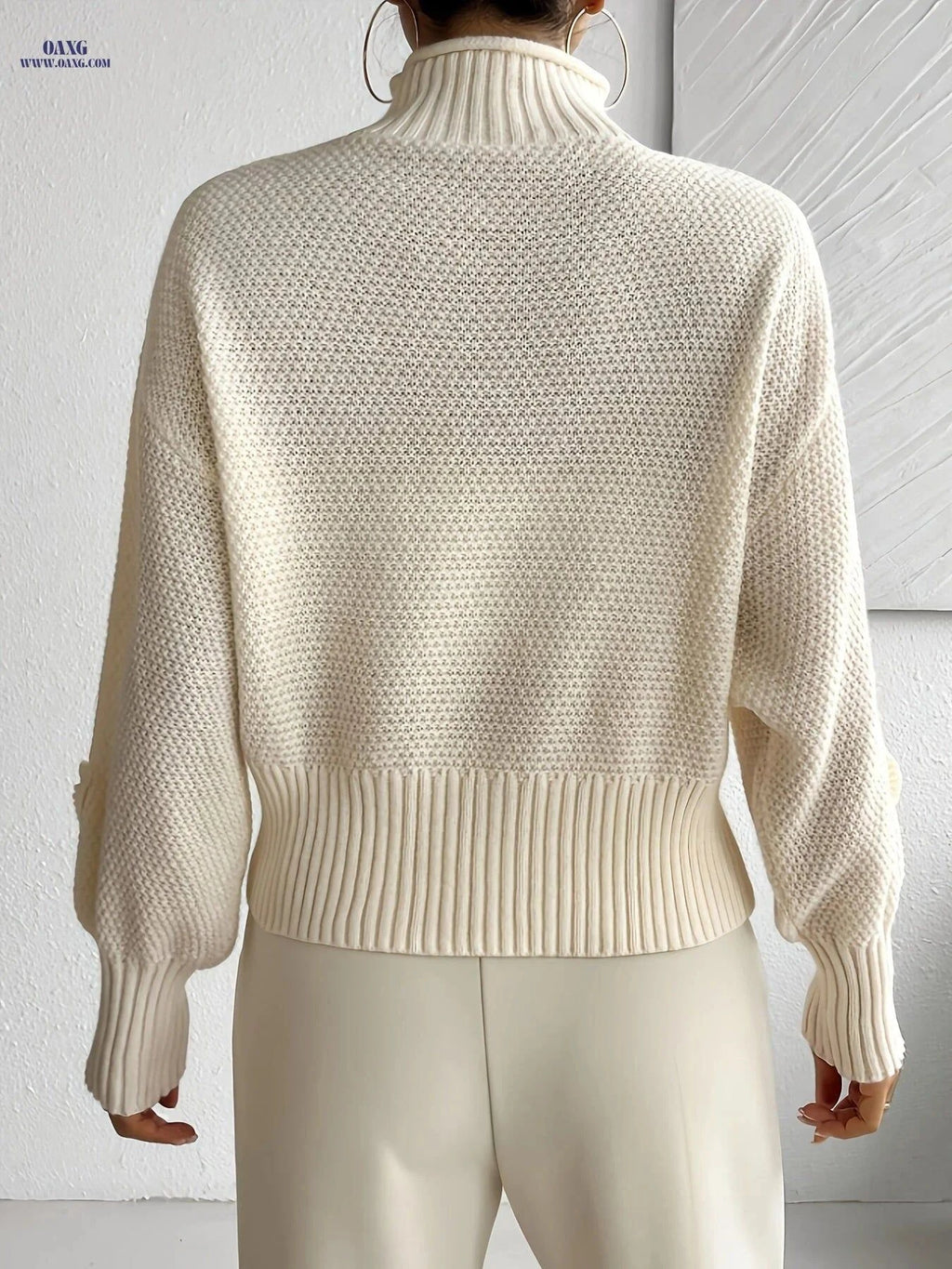 OAXG Women's 3D Floral High Neck Pullover - Soft Warm Sweater   OAXG Apricot / S