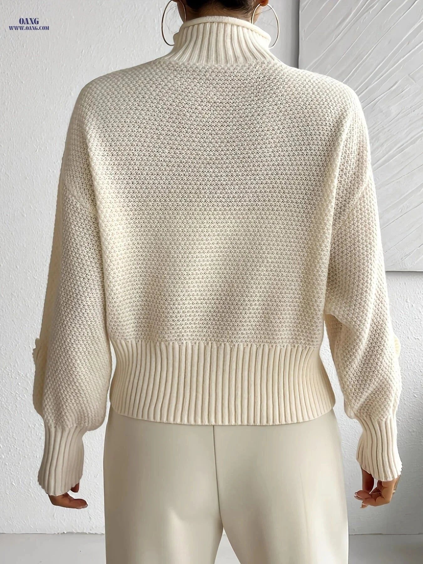 OAXG Women's 3D Floral High Neck Pullover - Soft Warm Sweater   OAXG Apricot / S