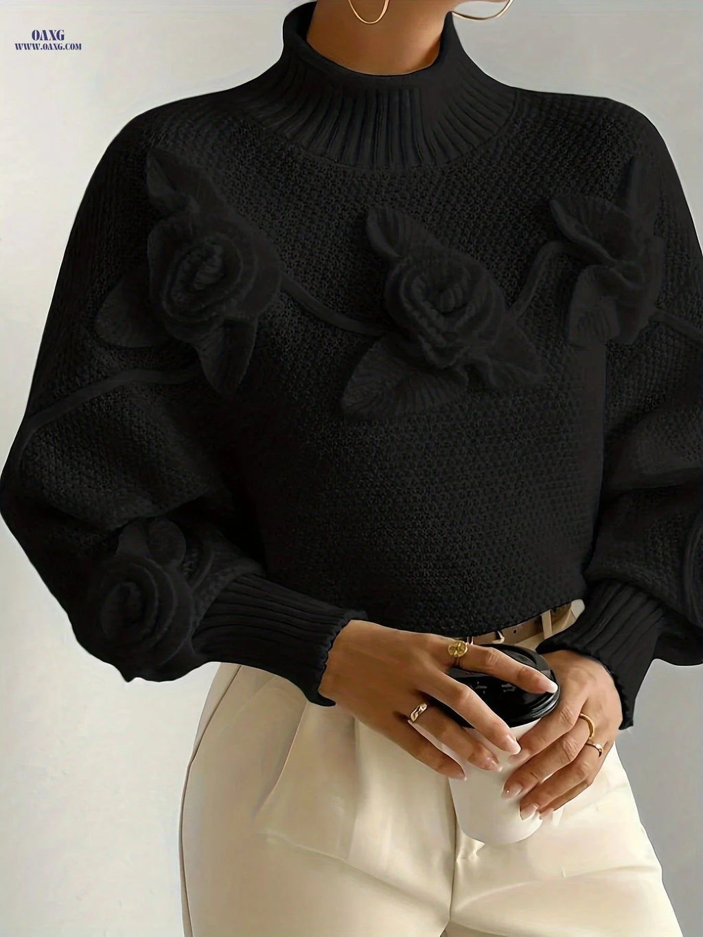 OAXG Women's 3D Floral High Neck Pullover - Soft Warm Sweater   OAXG Apricot / S