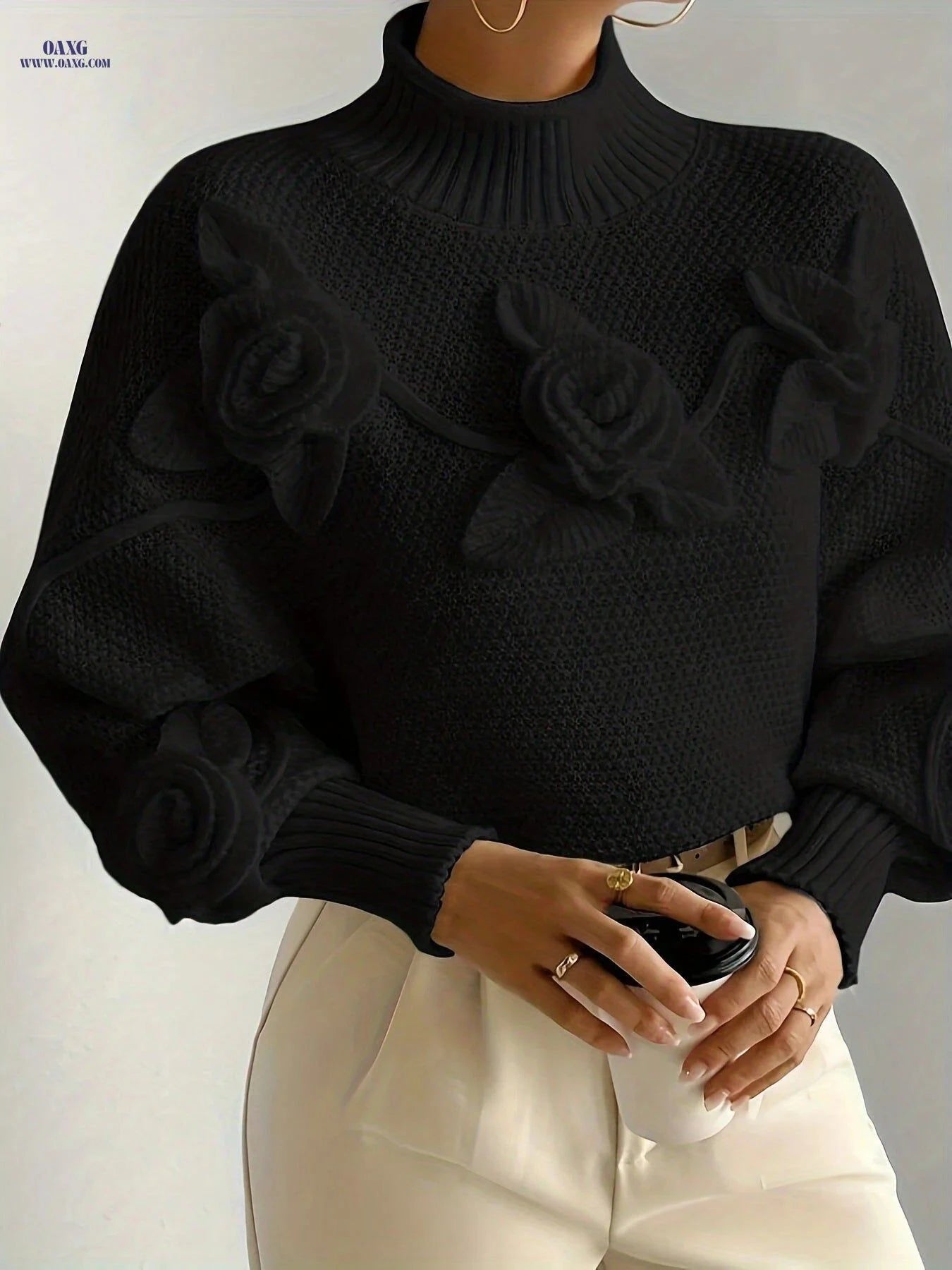 OAXG Women's 3D Floral High Neck Pullover - Soft Warm Sweater   OAXG Apricot / S