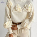 OAXG Women's 3D Floral High Neck Pullover - Soft Warm Sweater   OAXG Apricot / S