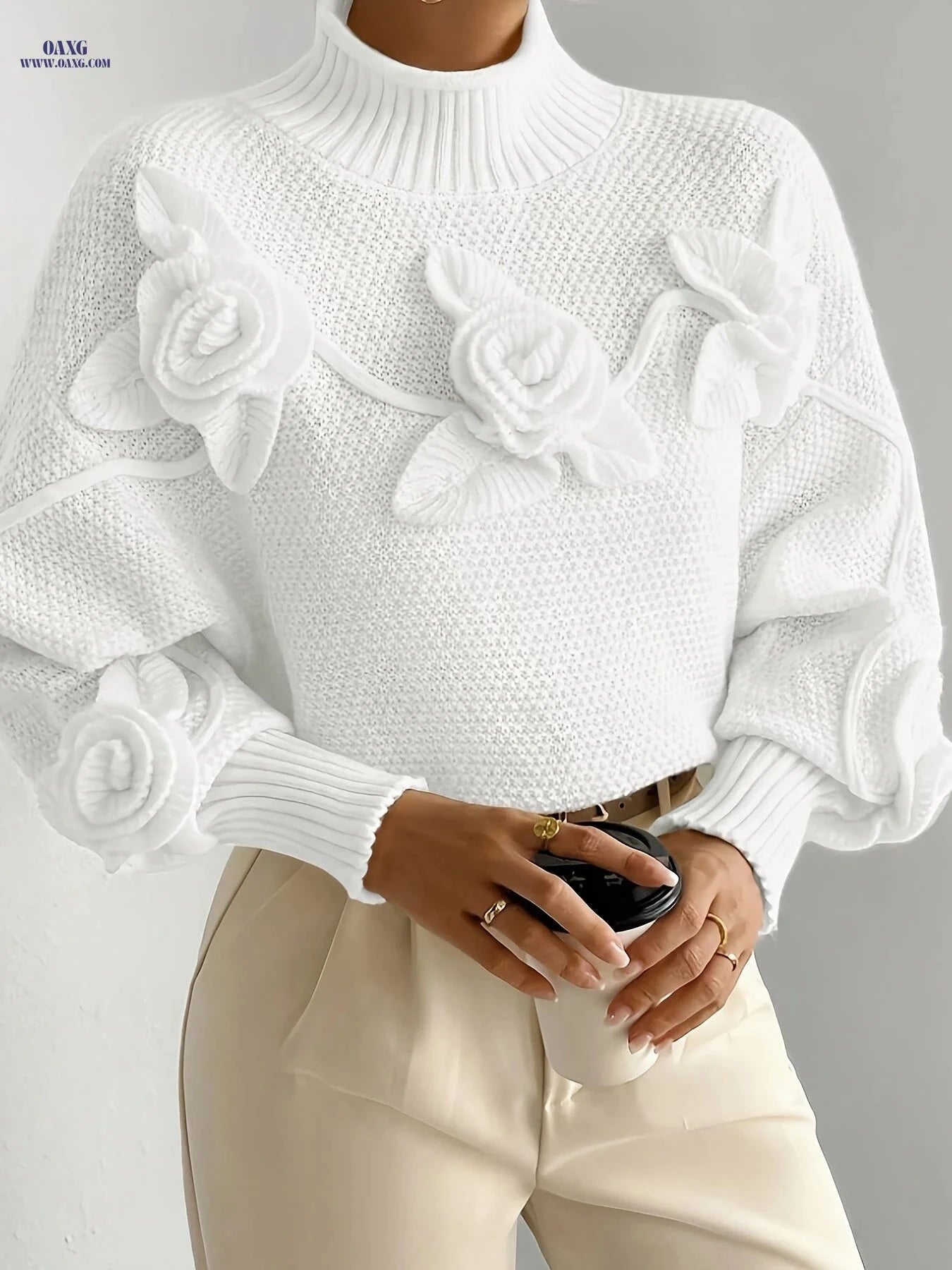OAXG Women's 3D Floral High Neck Pullover - Soft Warm Sweater   OAXG Apricot / S