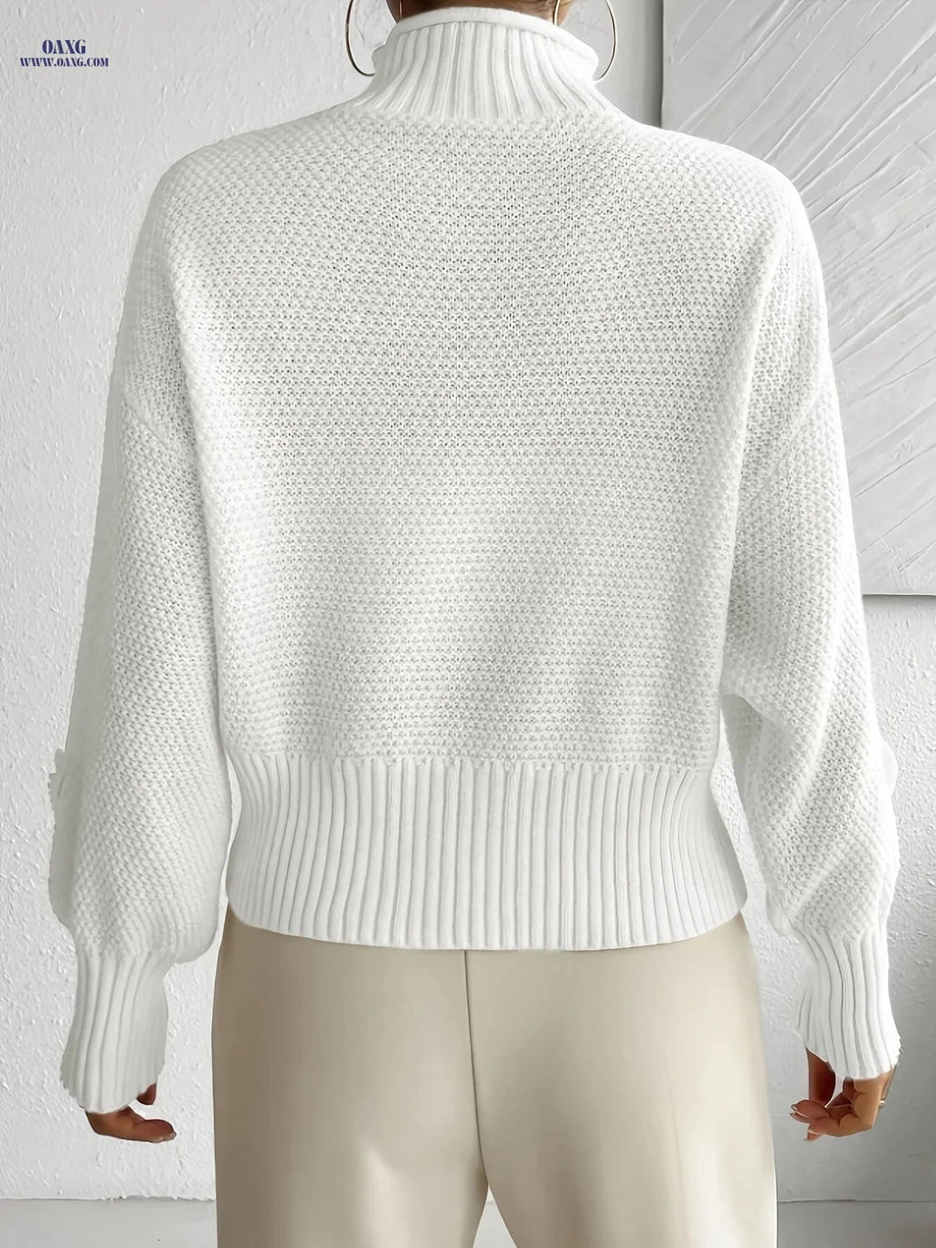 OAXG Women's 3D Floral High Neck Pullover - Soft Warm Sweater   OAXG Apricot / S