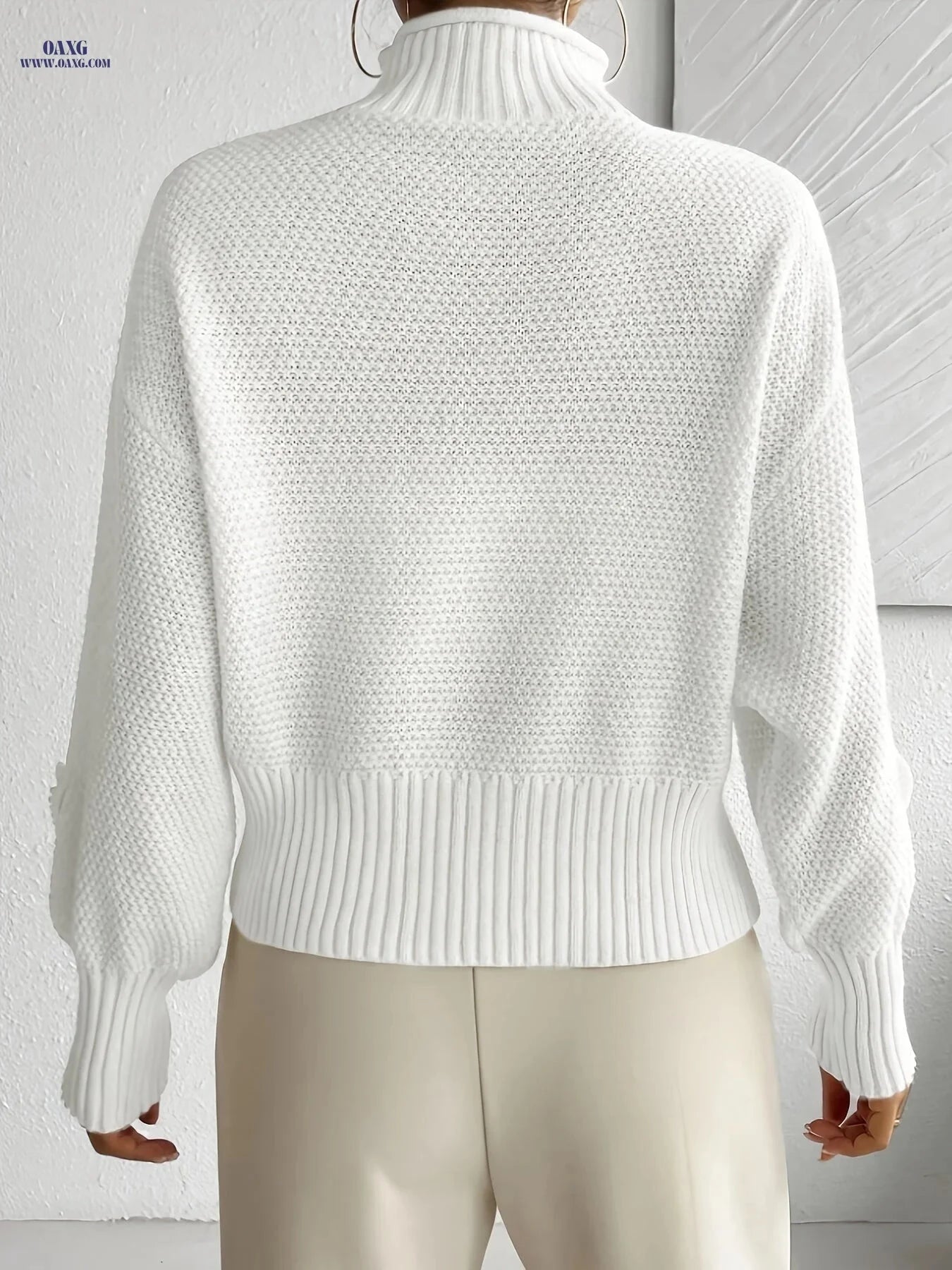 OAXG Women's 3D Floral High Neck Pullover - Soft Warm Sweater   OAXG Apricot / S