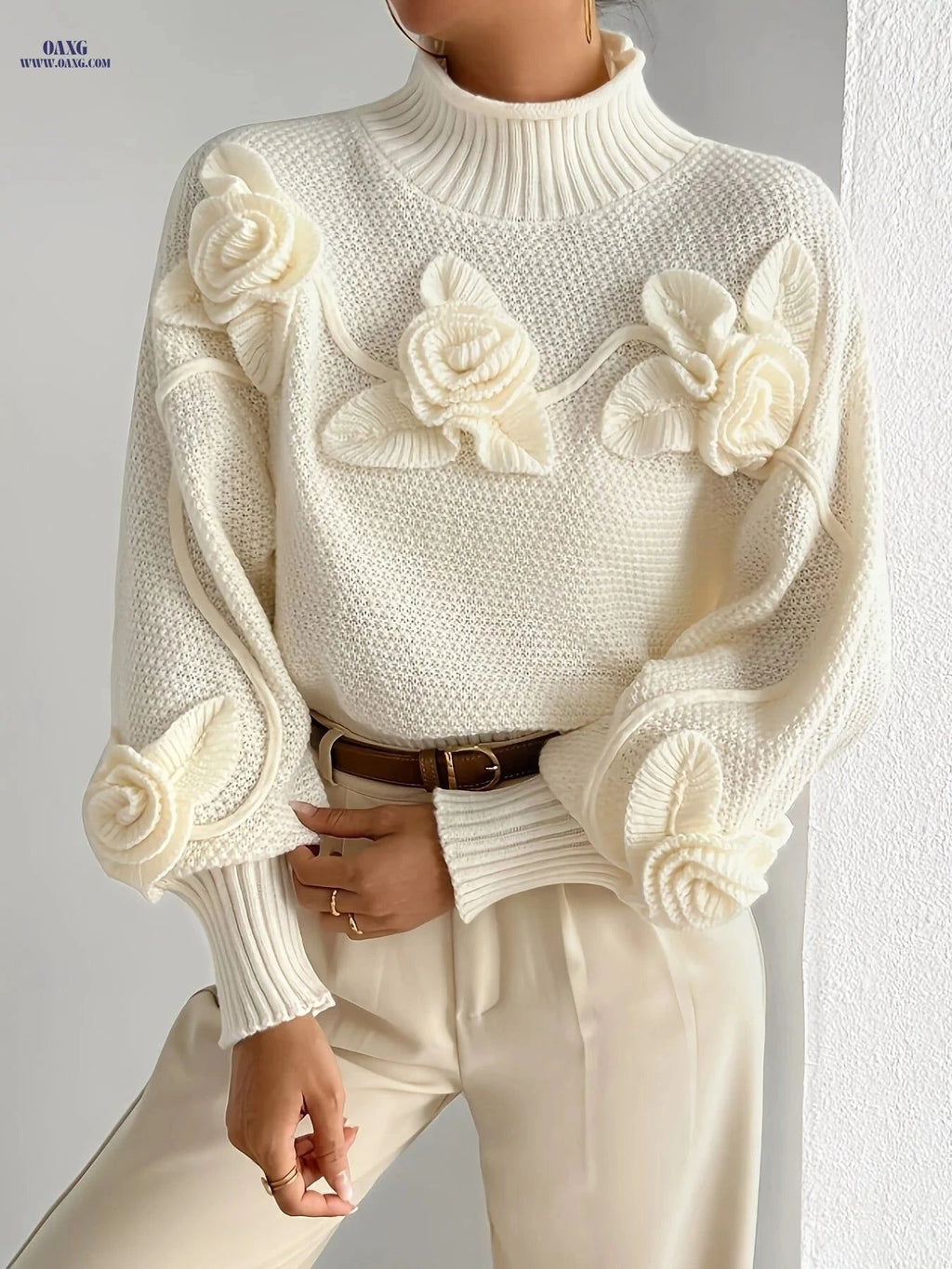 OAXG Women's 3D Floral High Neck Pullover - Soft Warm Sweater   OAXG Apricot / S