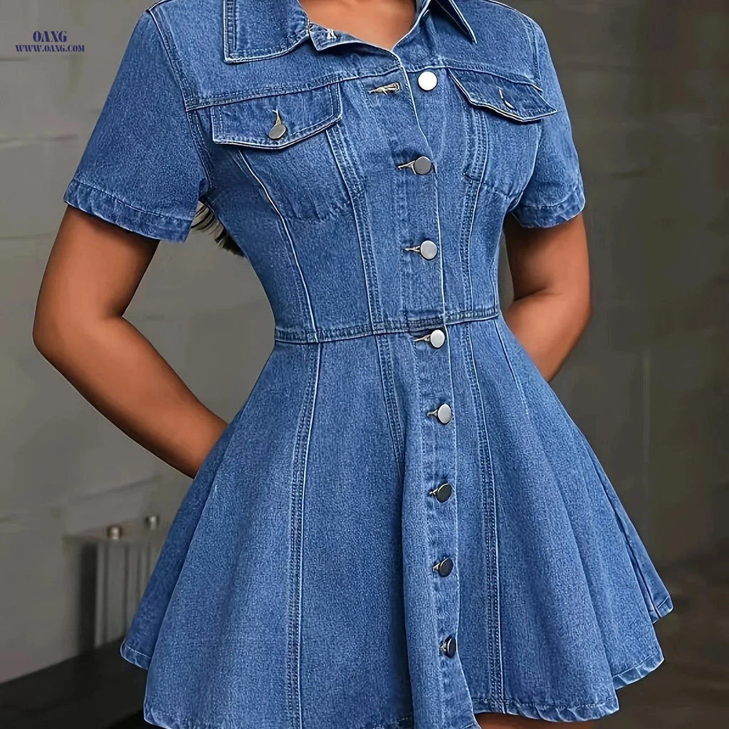 OAXG Women's A-Line Denim Coat - Short Sleeve, Fitted Flared Hem   OAXG 