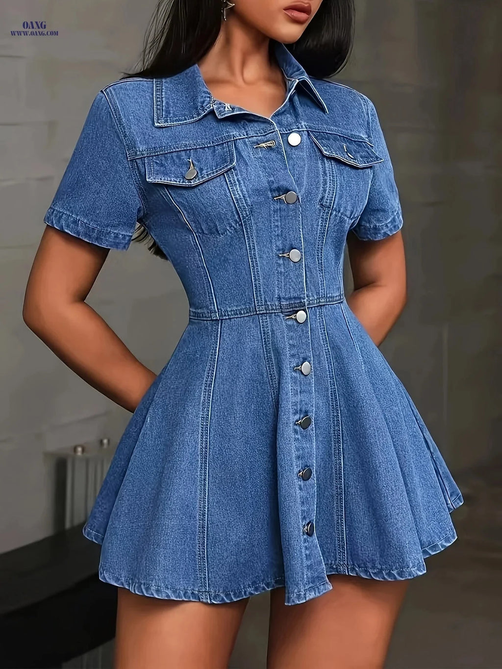 OAXG Women's A-Line Denim Coat - Short Sleeve, Fitted Flared Hem   OAXG 