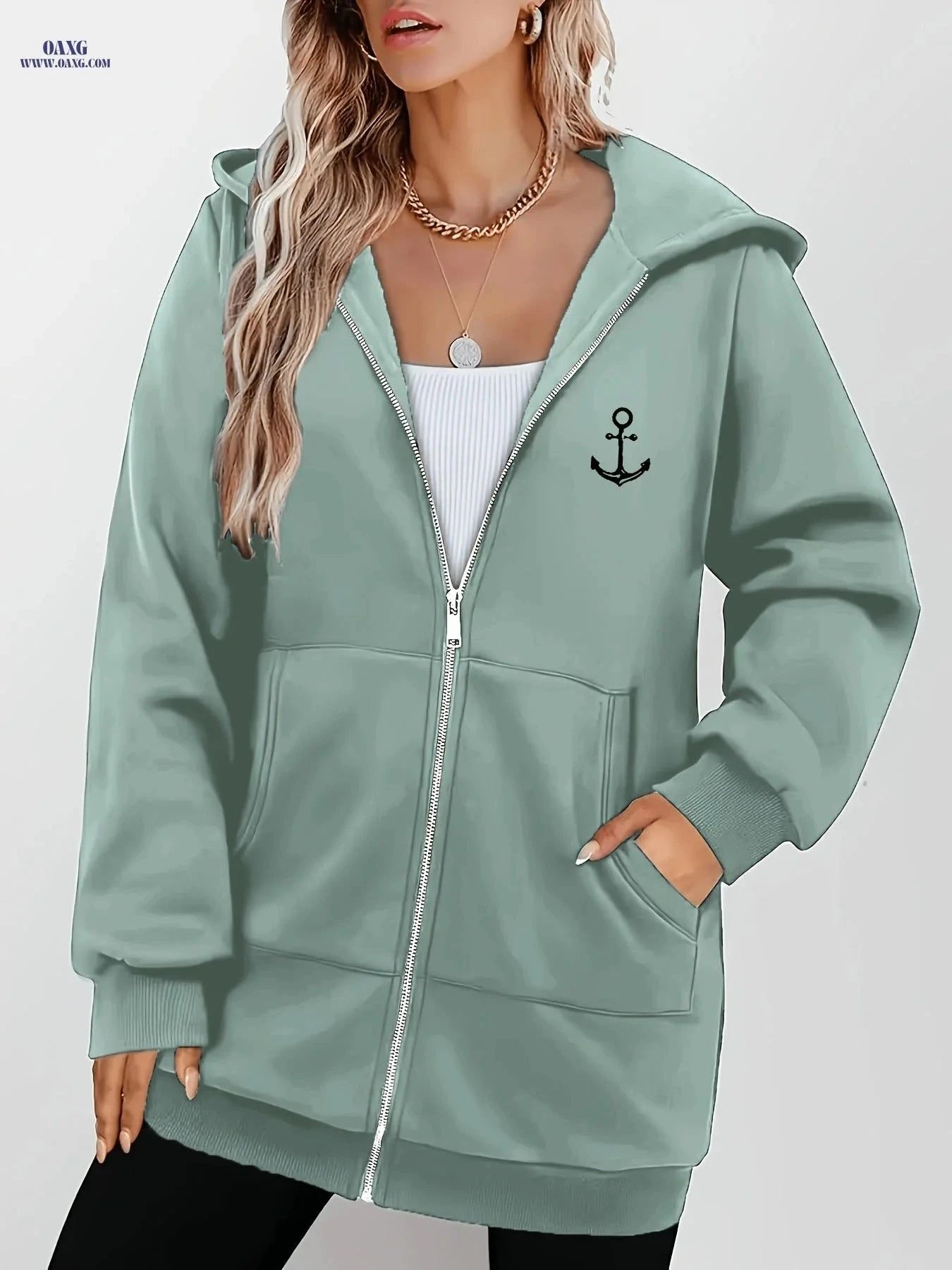 OAXG Women's Anchor Print Hoodie - Stylish Zip-Up Sweatshirt   OAXG Light Green / S