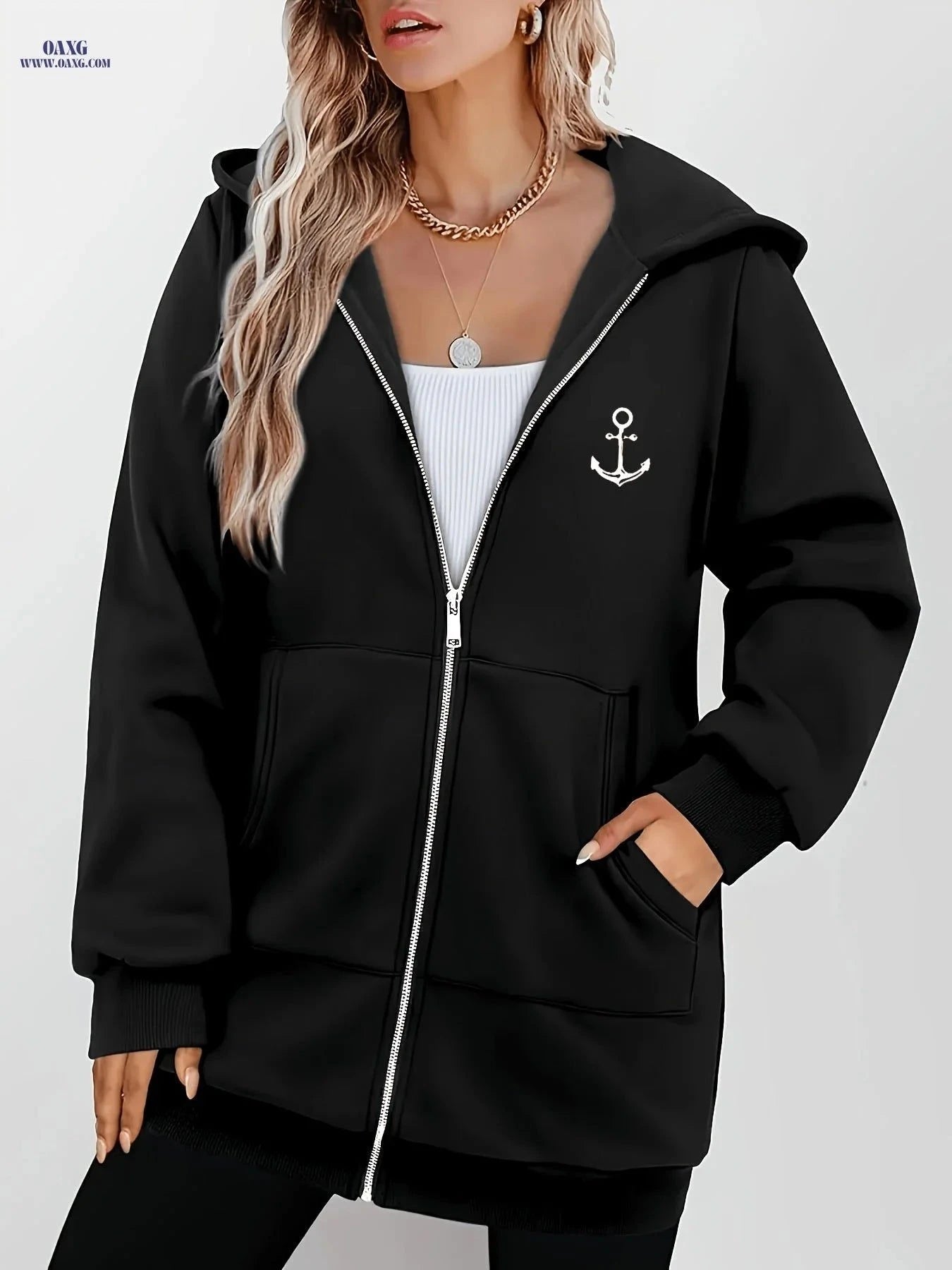 OAXG Women's Anchor Print Hoodie - Stylish Zip-Up Sweatshirt   OAXG Light Green / S