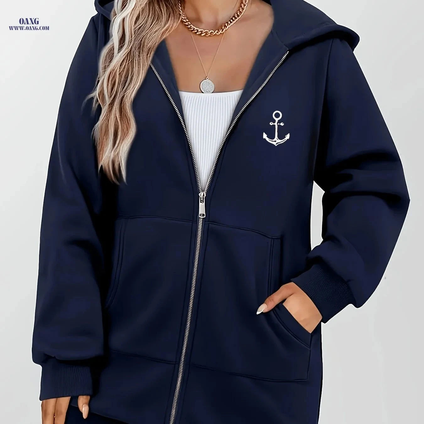 OAXG Women's Anchor Print Hoodie - Stylish Zip-Up Sweatshirt   OAXG Light Green / S