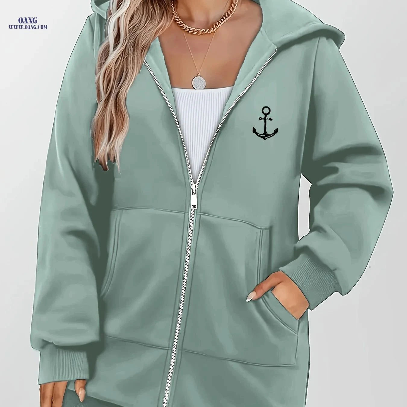 OAXG Women's Anchor Print Hoodie - Stylish Zip-Up Sweatshirt   OAXG Light Green / S