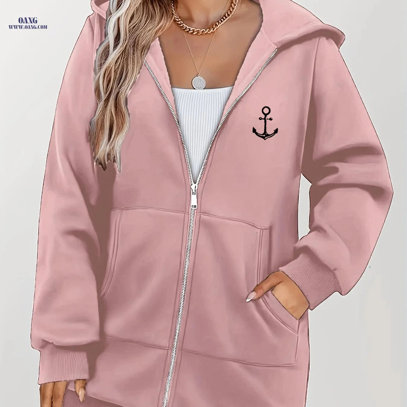 OAXG Women's Anchor Print Hoodie - Stylish Zip-Up Sweatshirt   OAXG Light Green / S