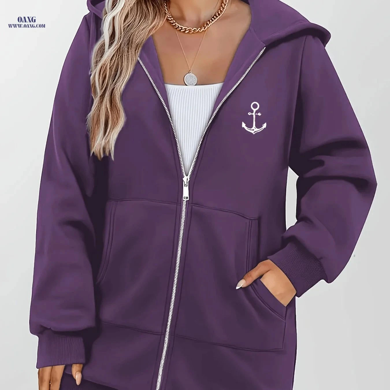 OAXG Women's Anchor Print Hoodie - Stylish Zip-Up Sweatshirt   OAXG Light Green / S