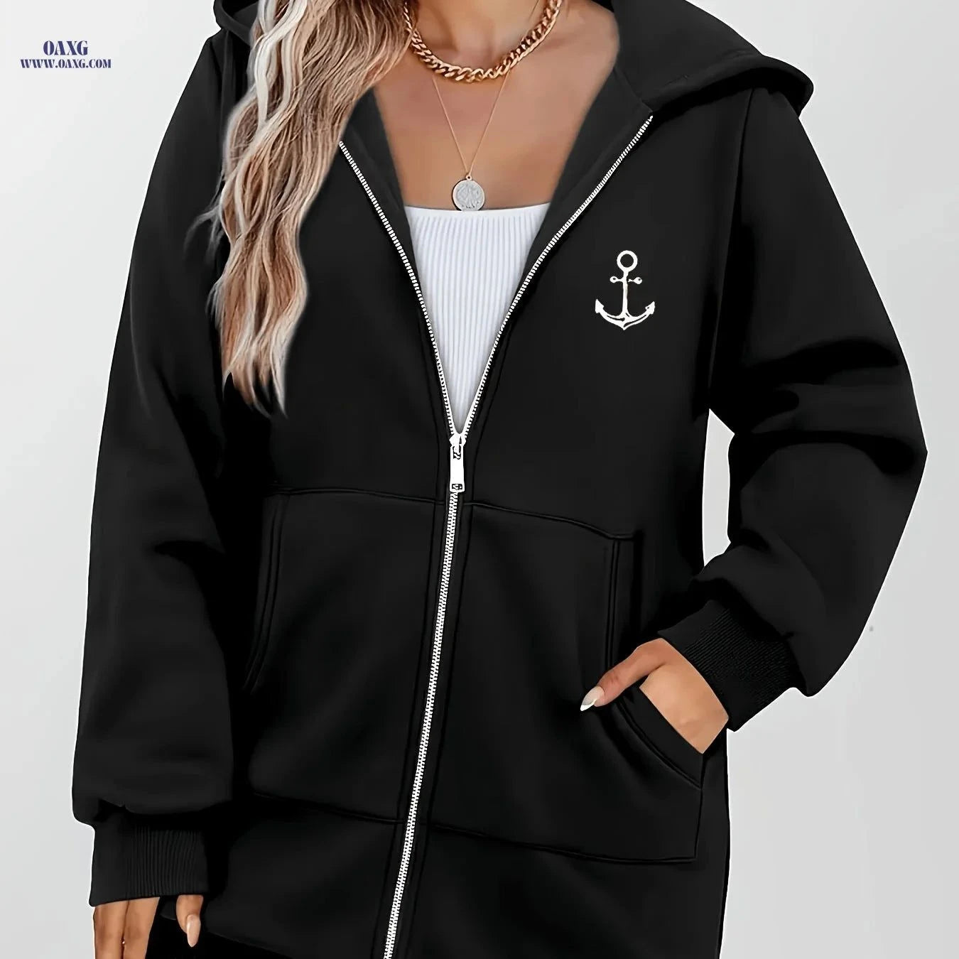 OAXG Women's Anchor Print Hoodie - Stylish Zip-Up Sweatshirt   OAXG Light Green / S
