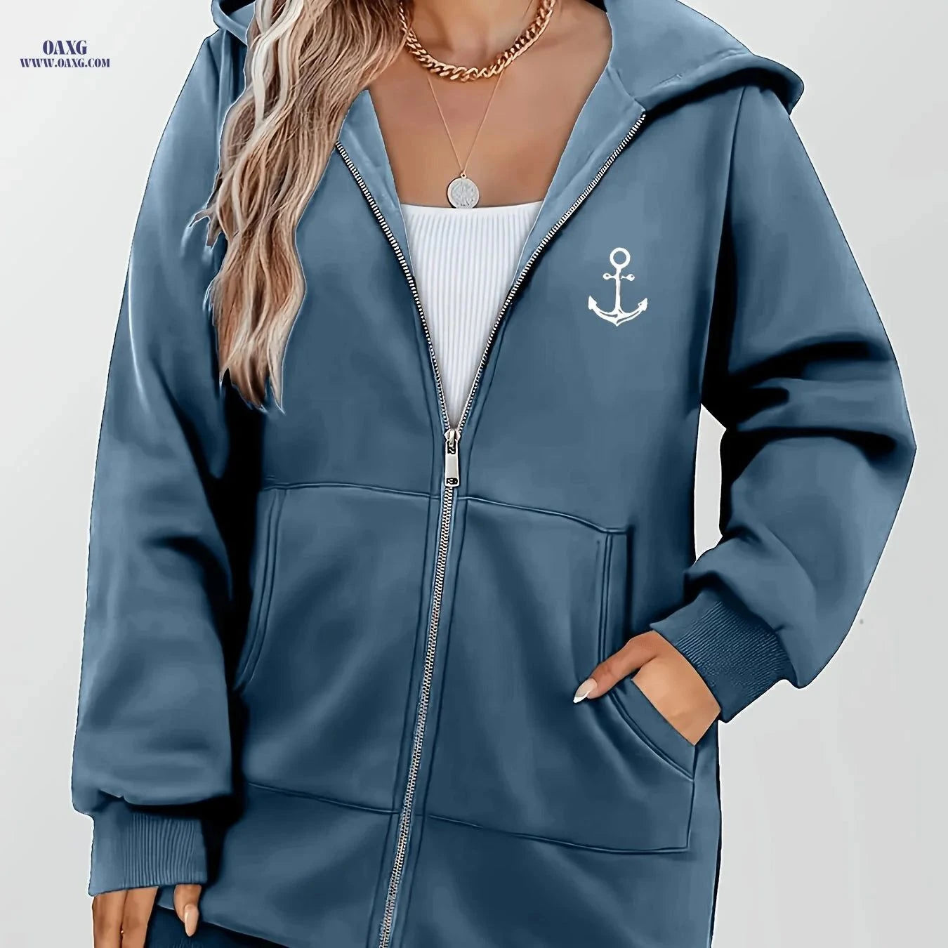 OAXG Women's Anchor Print Hoodie - Stylish Zip-Up Sweatshirt   OAXG Light Green / S