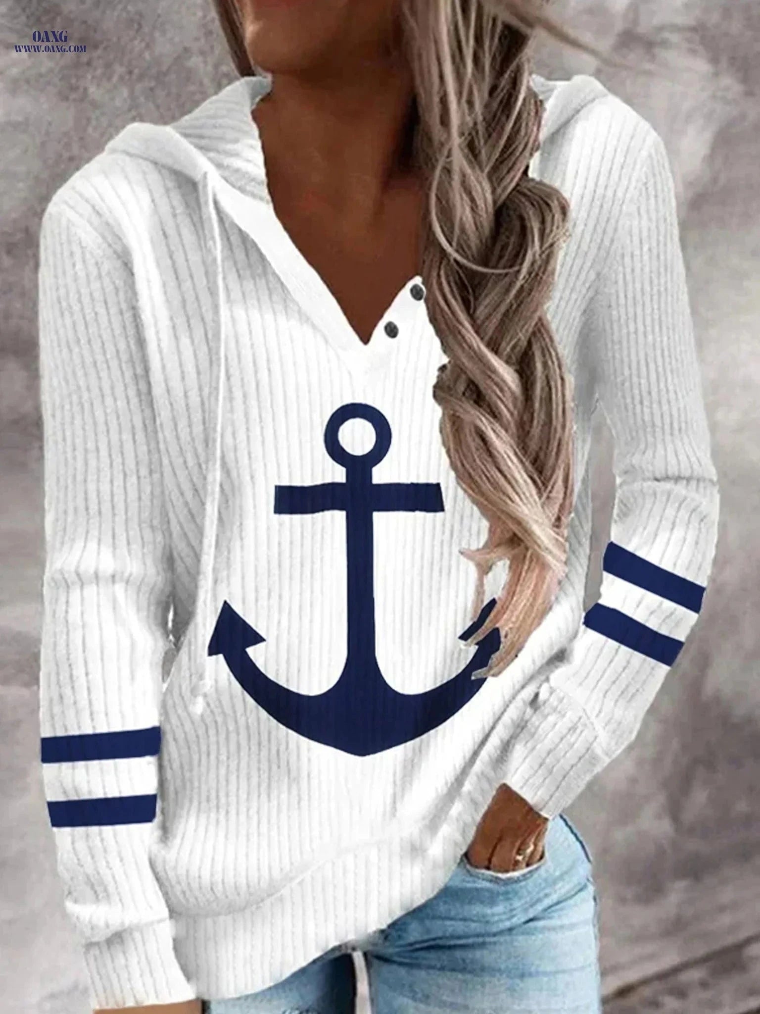 OAXG Women's Anchor Print Long Sleeve T-Shirt - Casual Style   OAXG White / S