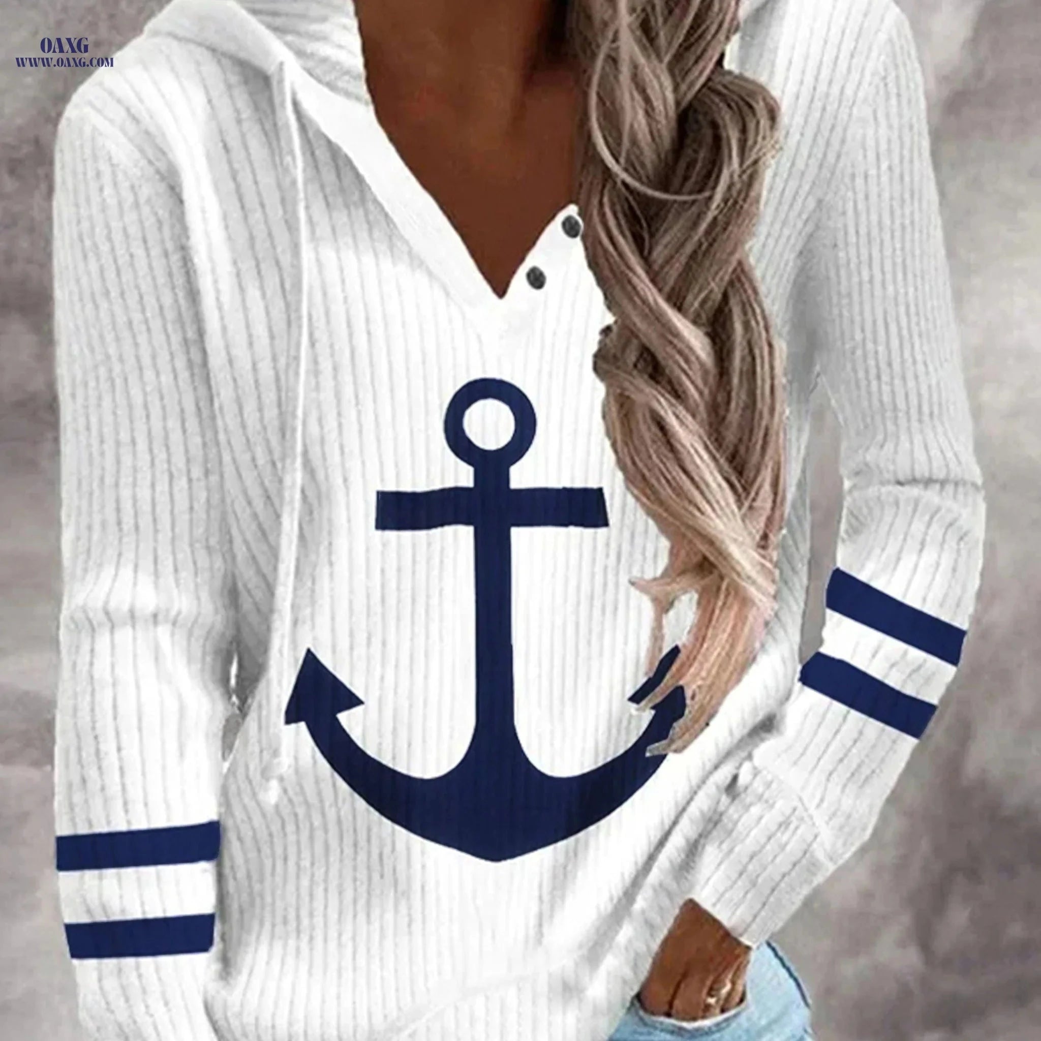 OAXG Women's Anchor Print Long Sleeve T-Shirt - Casual Style   OAXG White / S
