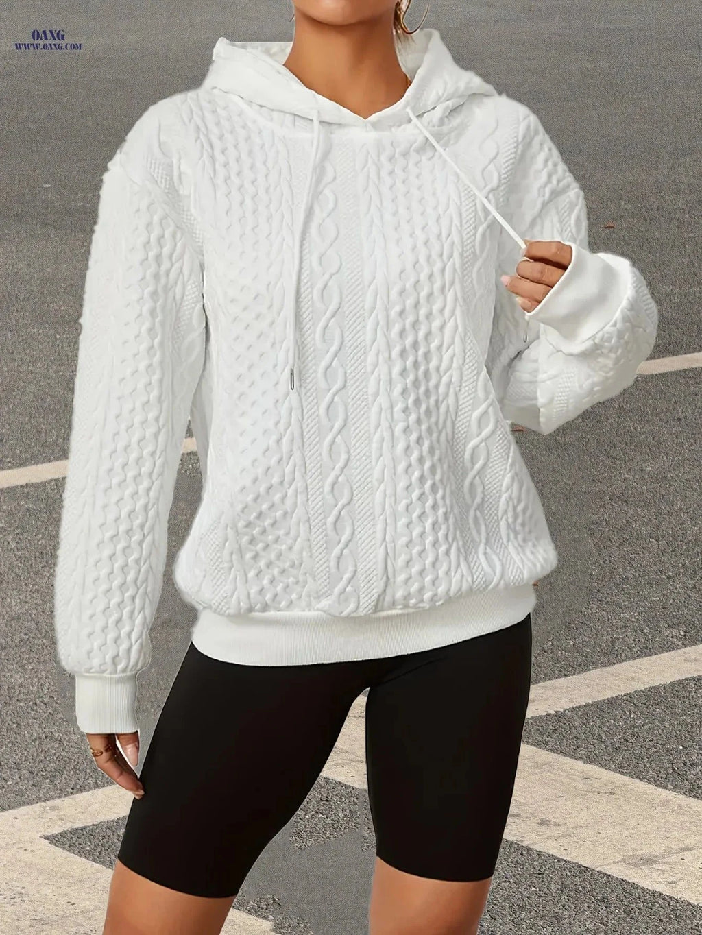 OAXG Women's Autumn Hoodie - Solid Color, Drawstring, Casual Fit   OAXG White / S