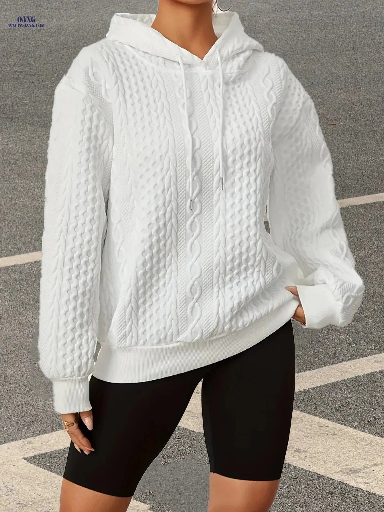 OAXG Women's Autumn Hoodie - Solid Color, Drawstring, Casual Fit   OAXG White / S