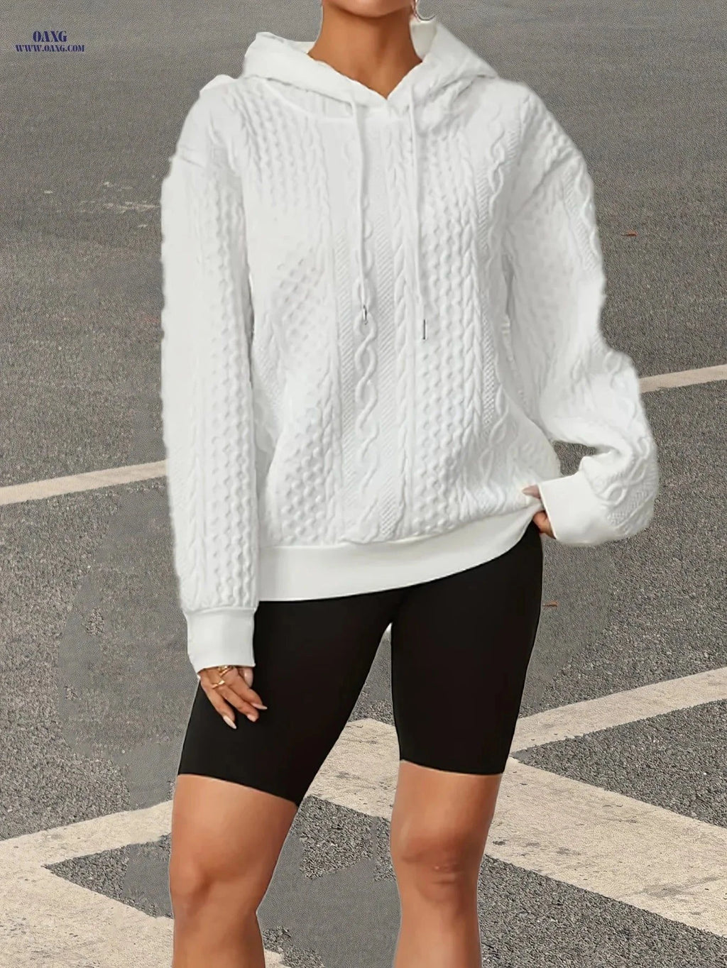 OAXG Women's Autumn Hoodie - Solid Color, Drawstring, Casual Fit   OAXG White / S