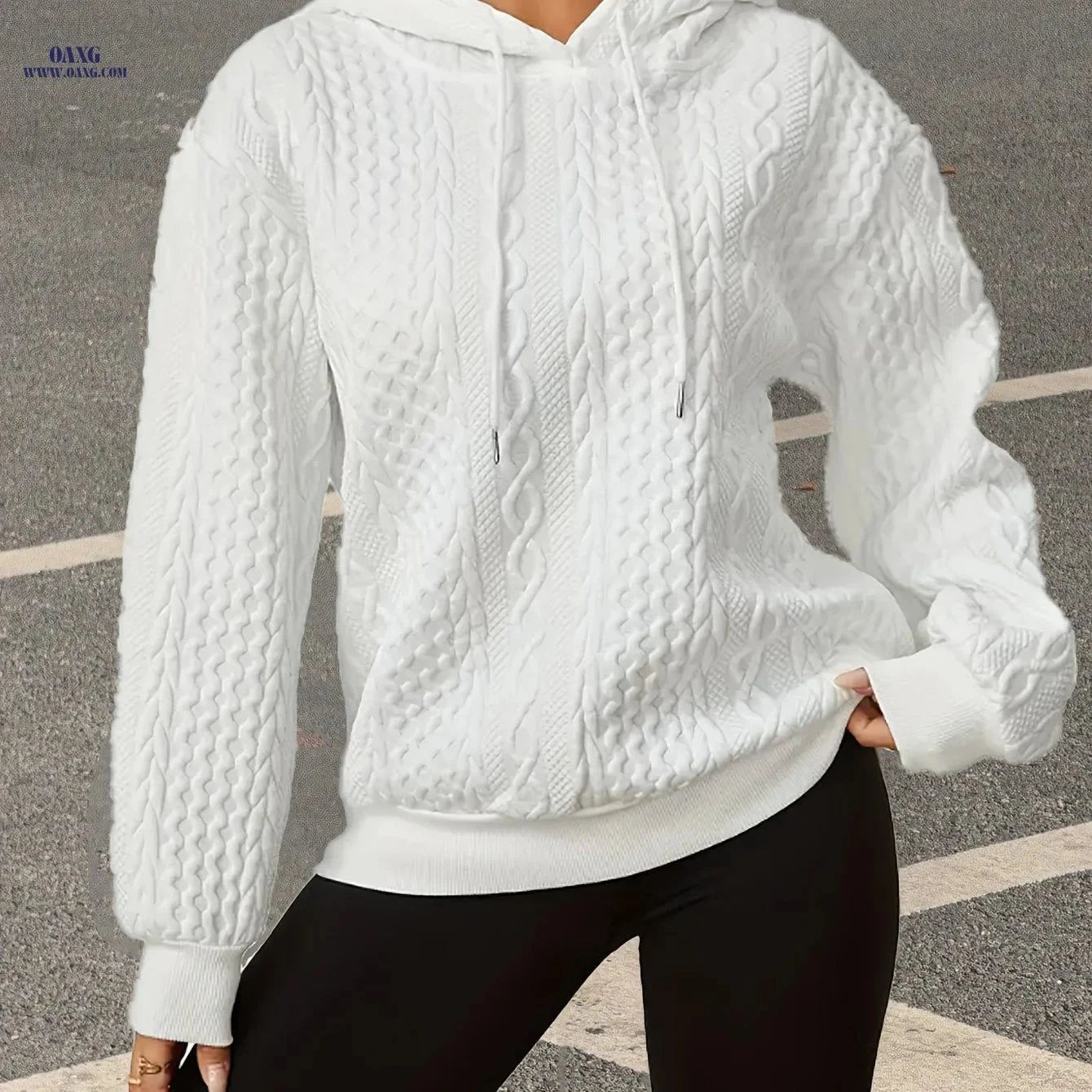 OAXG Women's Autumn Hoodie - Solid Color, Drawstring, Casual Fit   OAXG White / S