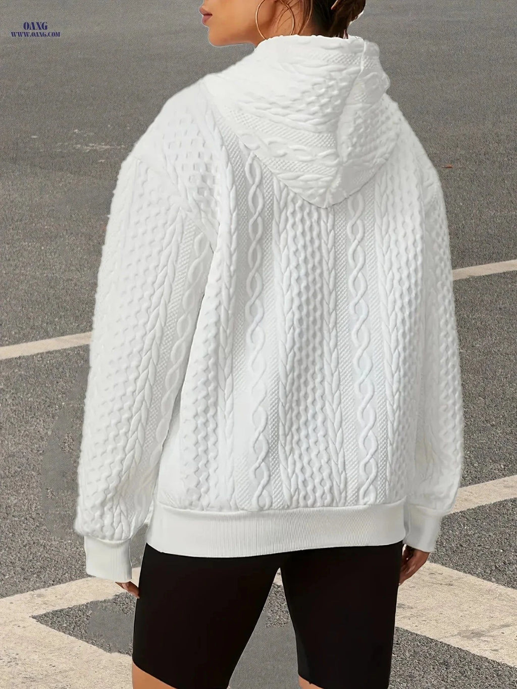 OAXG Women's Autumn Hoodie - Solid Color, Drawstring, Casual Fit   OAXG White / S