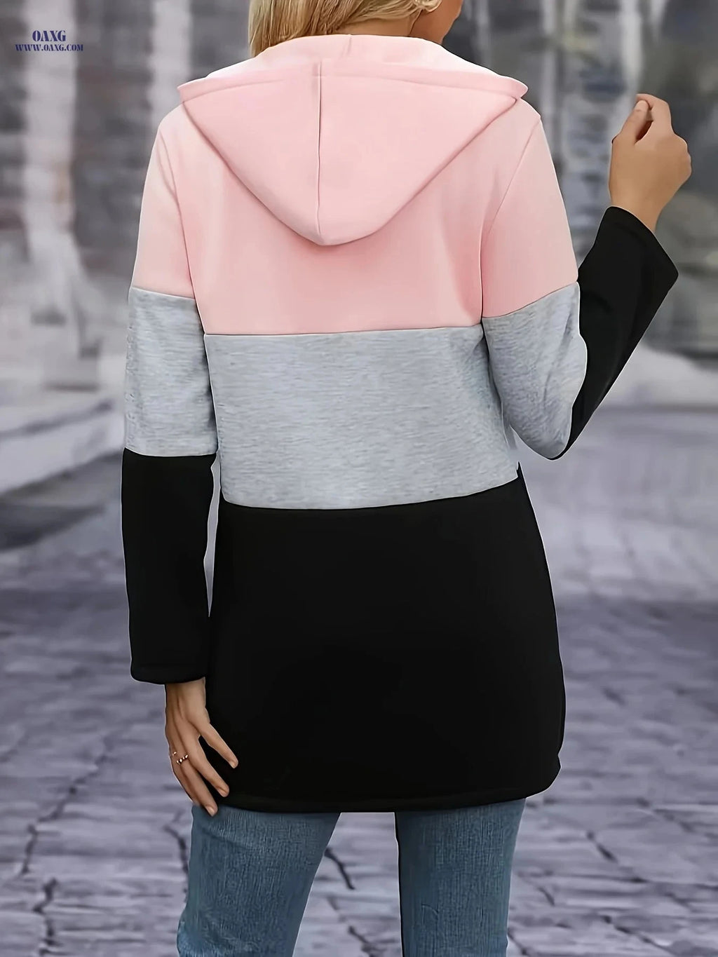 OAXG Women's Autumn-Winter Long Split Hoodie - Casual Color Block Style   OAXG Multicolor / S
