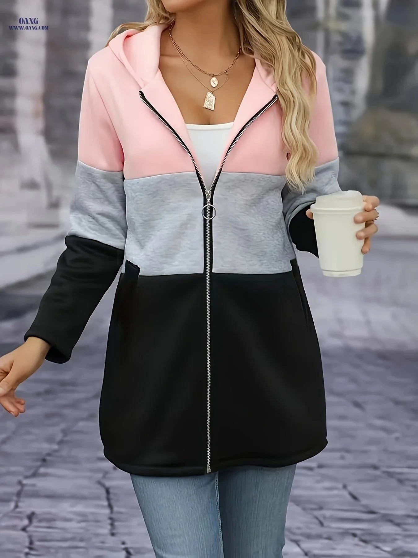 OAXG Women's Autumn-Winter Long Split Hoodie - Casual Color Block Style   OAXG Multicolor / S