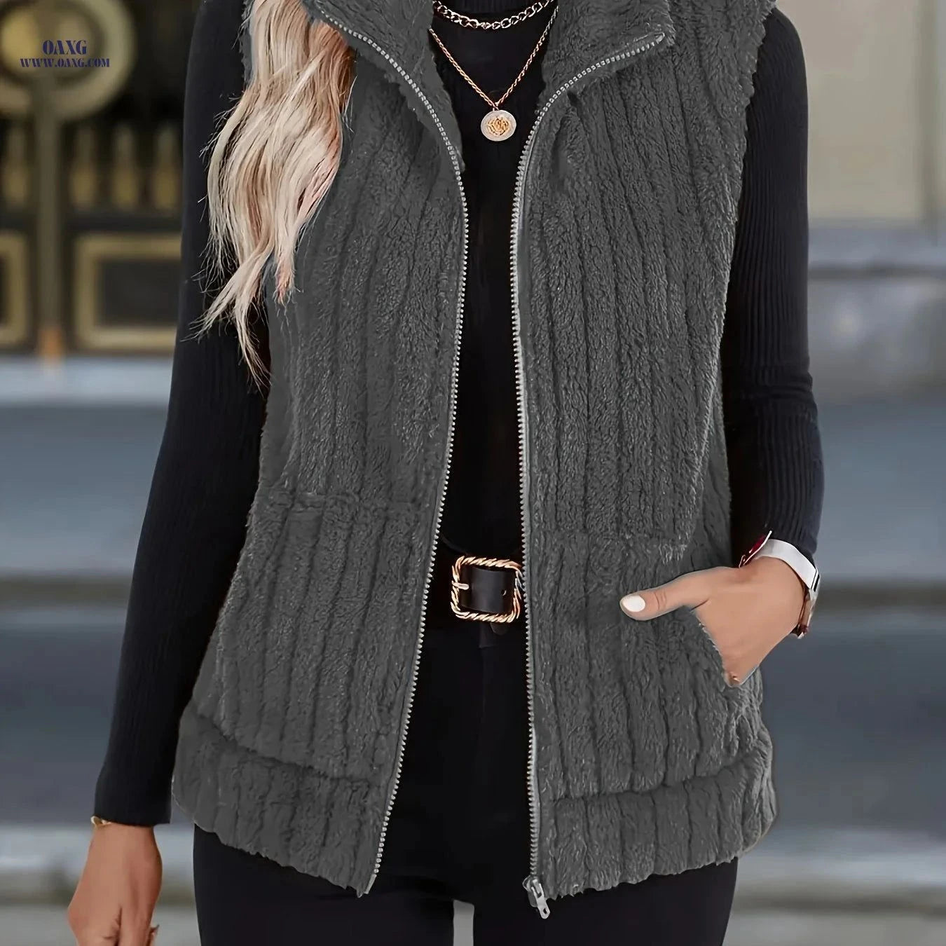 OAXG Women's Autumn/Winter Plush Vest Jacket - Casual Geometric Design   OAXG Coffee Brown / S