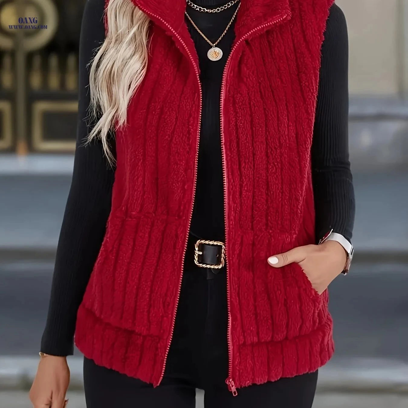 OAXG Women's Autumn/Winter Plush Vest Jacket - Casual Geometric Design   OAXG Coffee Brown / S
