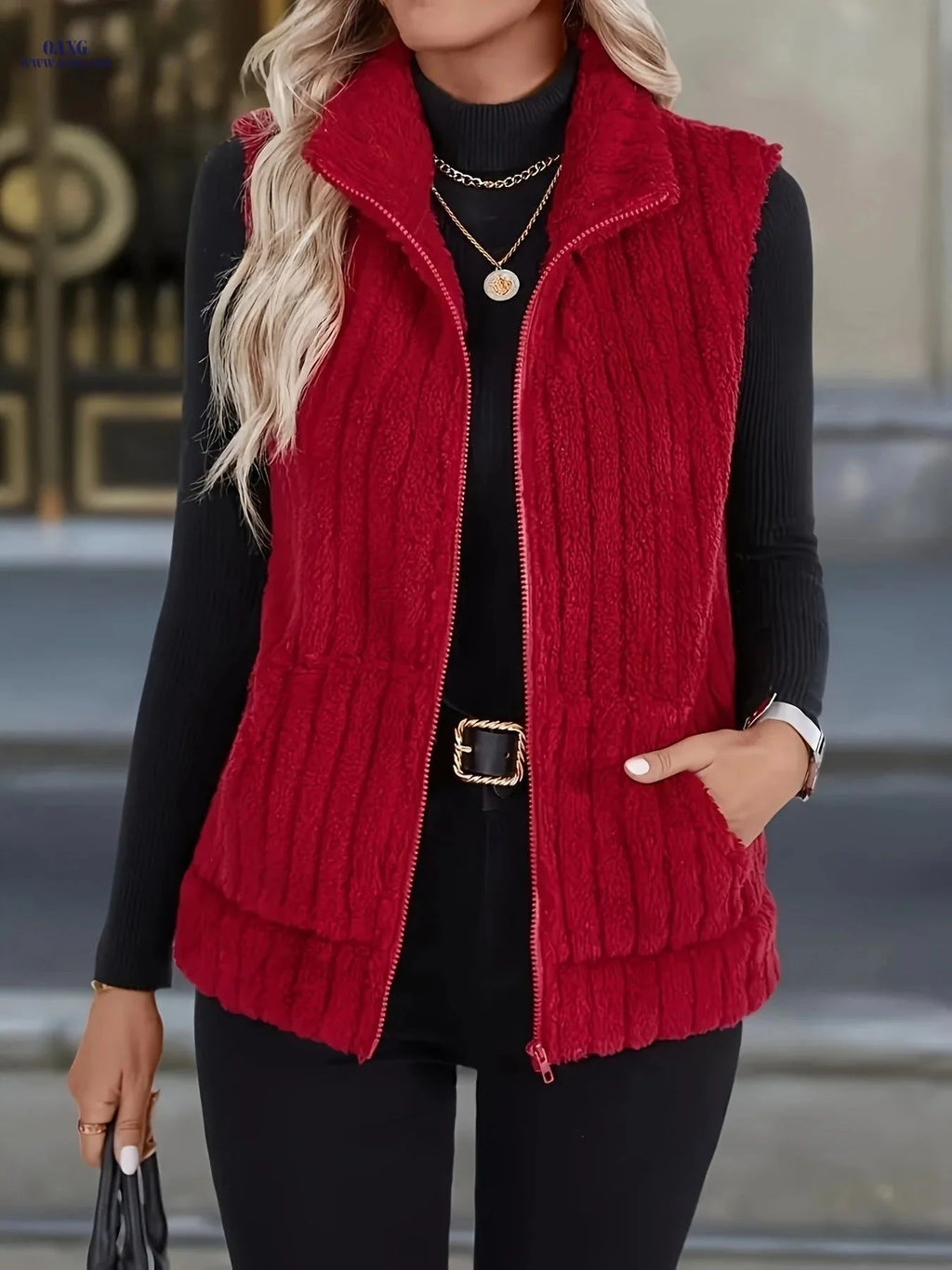 OAXG Women's Autumn/Winter Plush Vest Jacket - Casual Geometric Design   OAXG Coffee Brown / S
