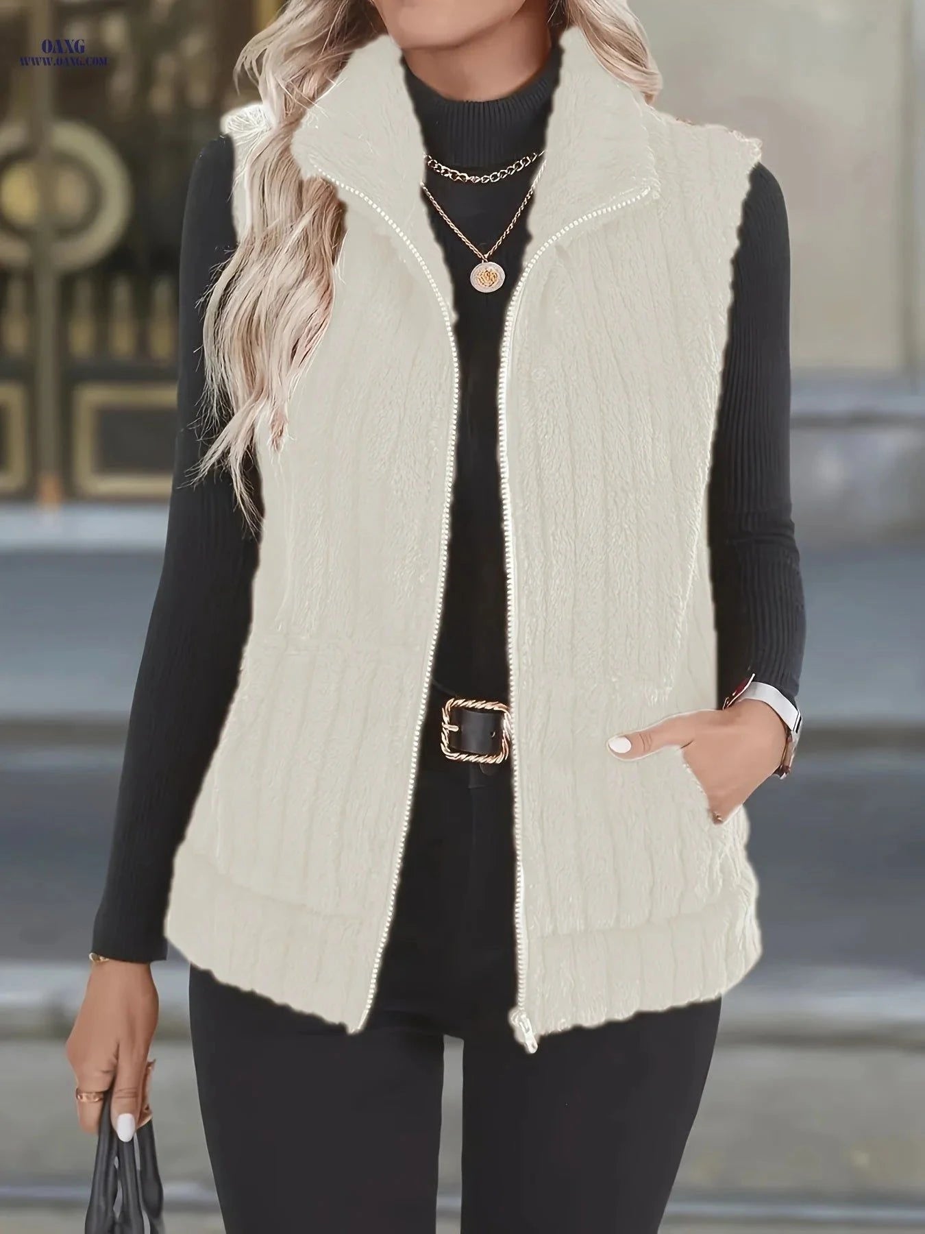 OAXG Women's Autumn/Winter Plush Vest Jacket - Casual Geometric Design   OAXG Coffee Brown / S