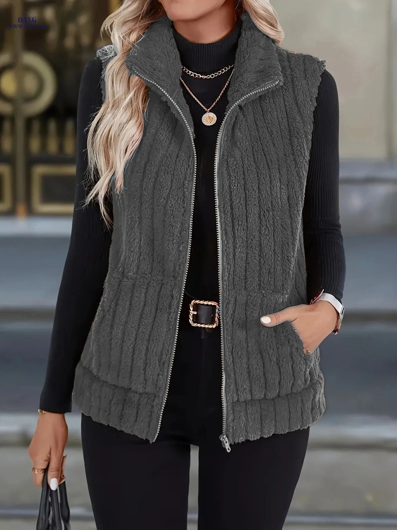 OAXG Women's Autumn/Winter Plush Vest Jacket - Casual Geometric Design   OAXG Coffee Brown / S