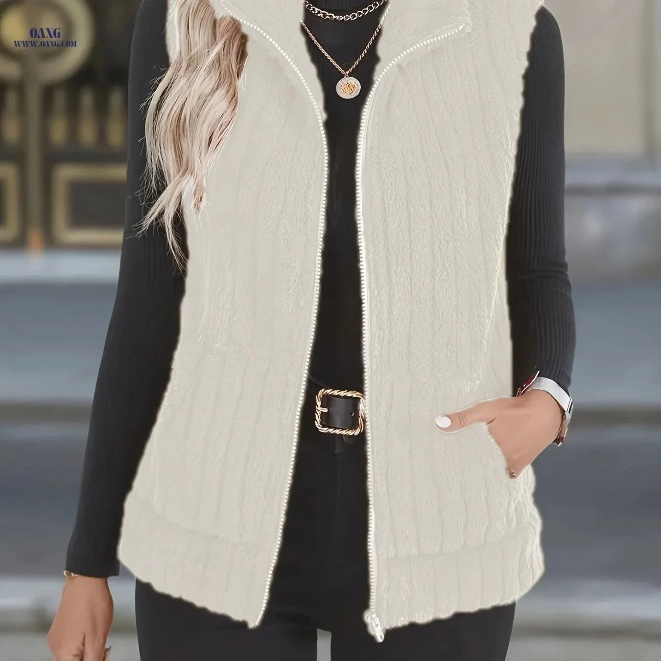 OAXG Women's Autumn/Winter Plush Vest Jacket - Casual Geometric Design   OAXG Coffee Brown / S