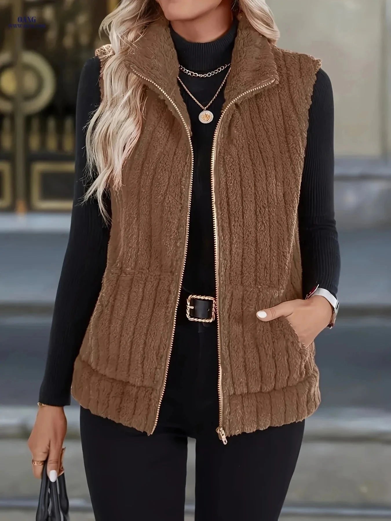 OAXG Women's Autumn/Winter Plush Vest Jacket - Casual Geometric Design   OAXG Coffee Brown / S