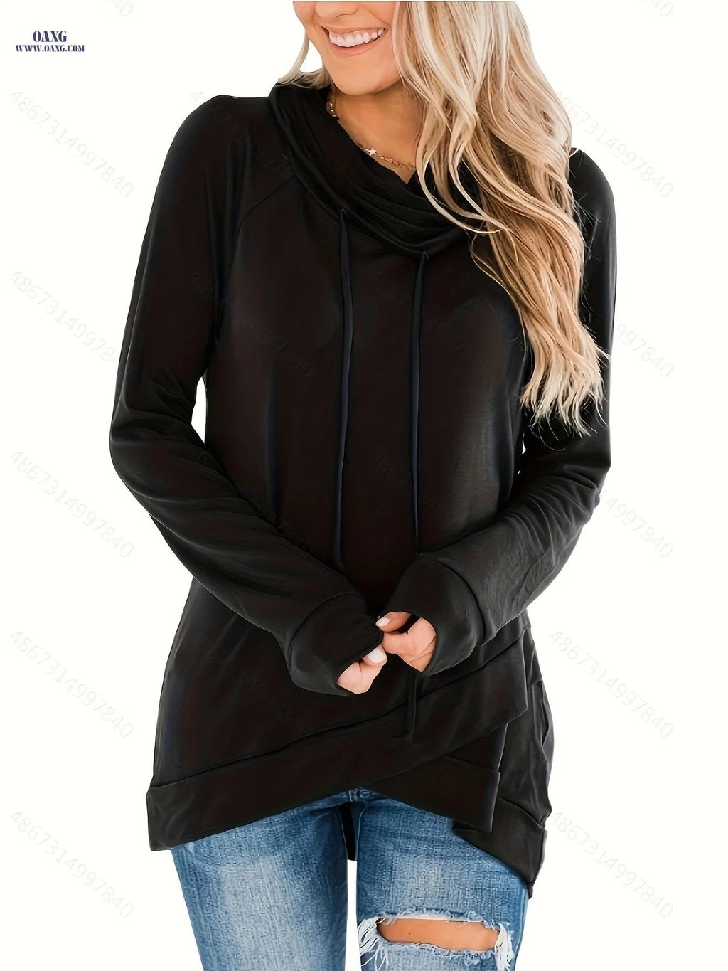 OAXG Women's Autumn Winter Turtleneck Top - Long Sleeve, Hooded   OAXG Pink / S