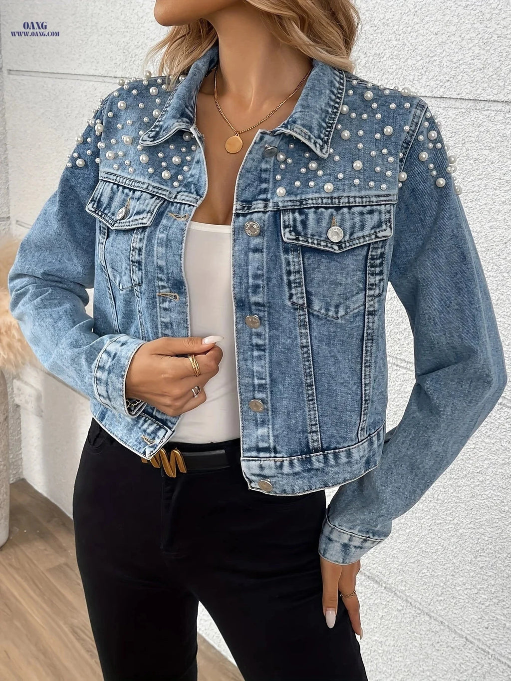OAXG Women's Beaded Denim Jacket - Elegant Fashion Top for Spring   OAXG 