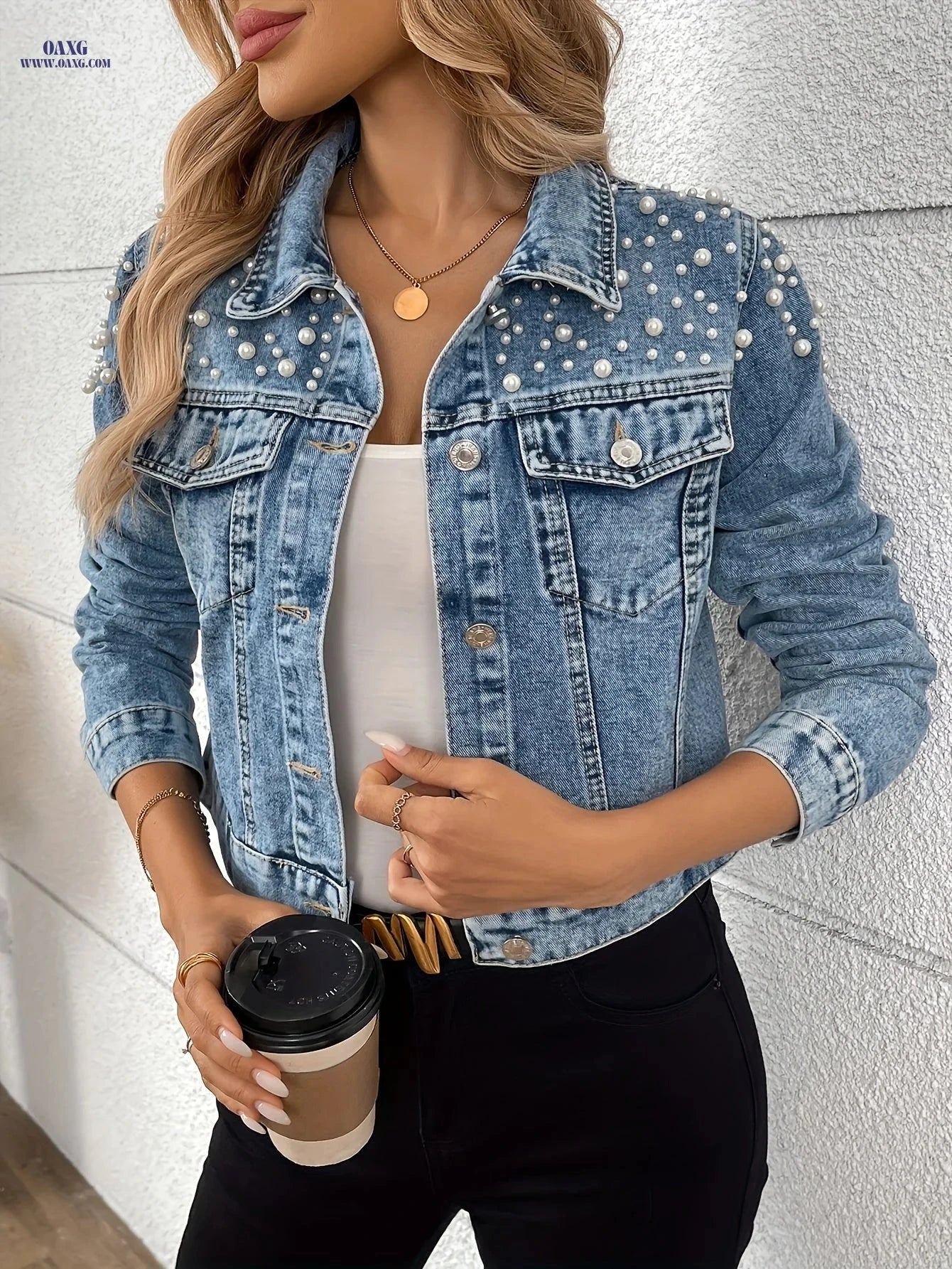 OAXG Women's Beaded Denim Jacket - Elegant Fashion Top for Spring   OAXG 