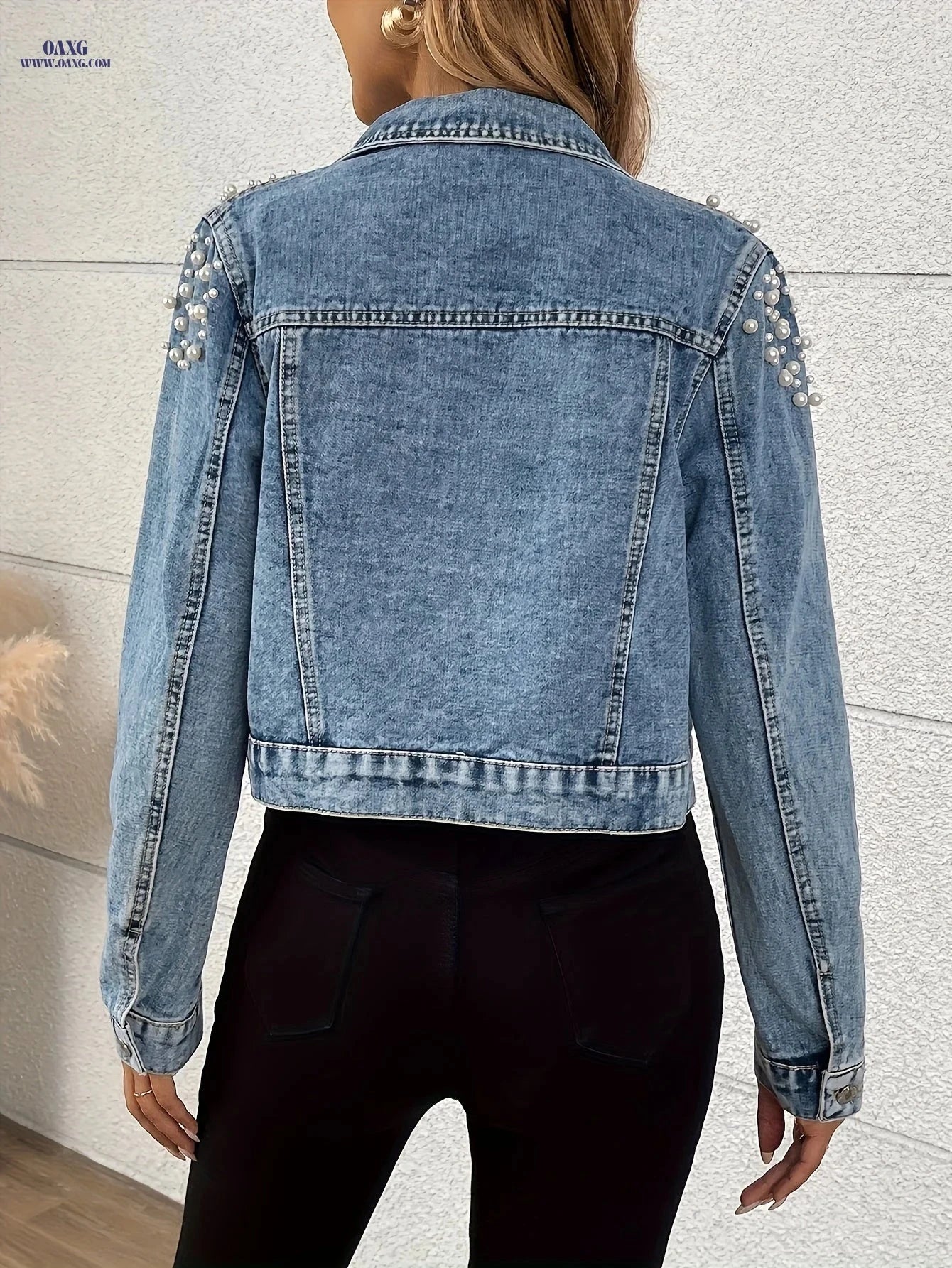 OAXG Women's Beaded Denim Jacket - Elegant Short Sleeve Fashion Top   OAXG 