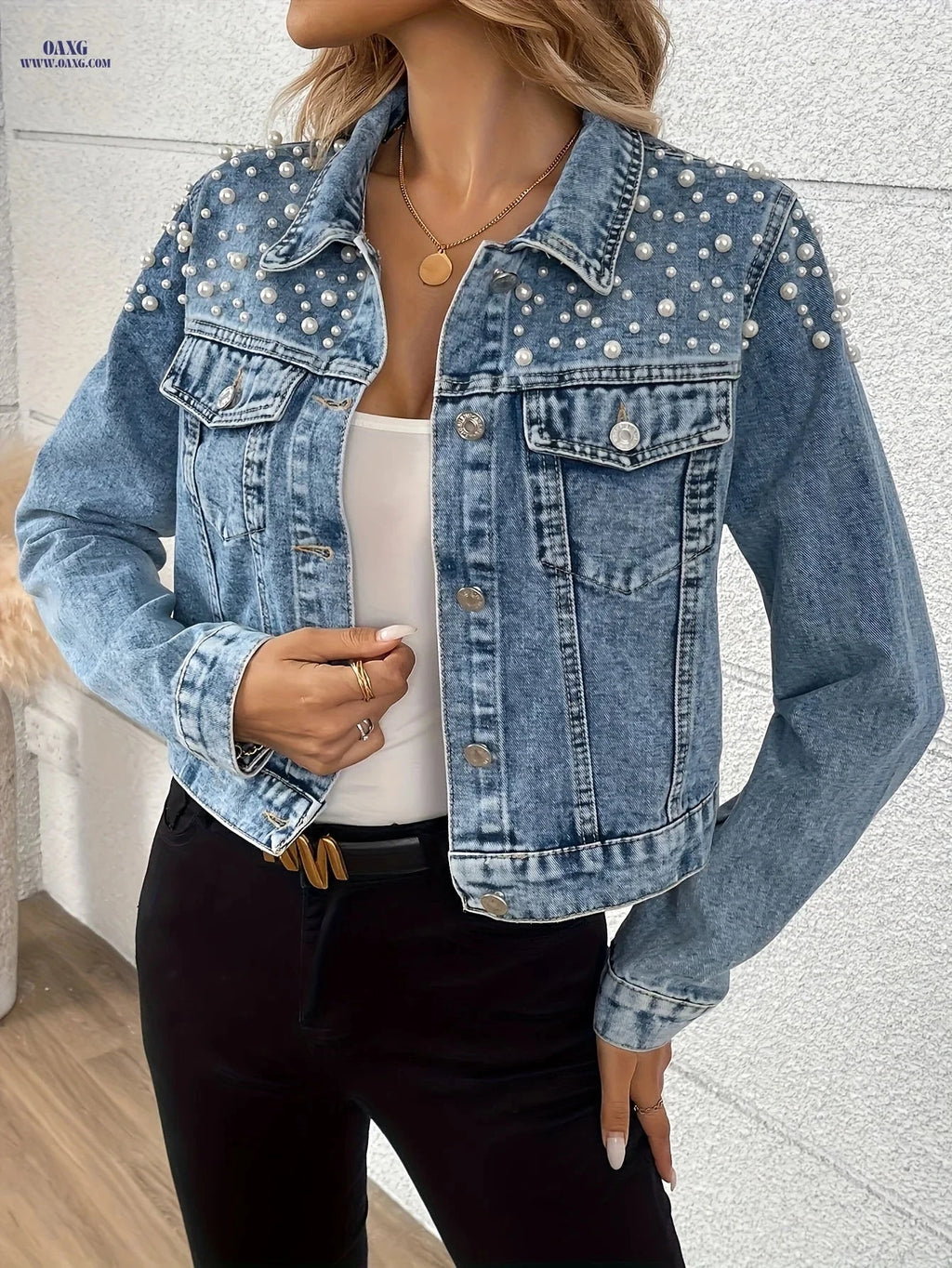 OAXG Women's Beaded Denim Jacket - Elegant Short Sleeve Fashion Top   OAXG 