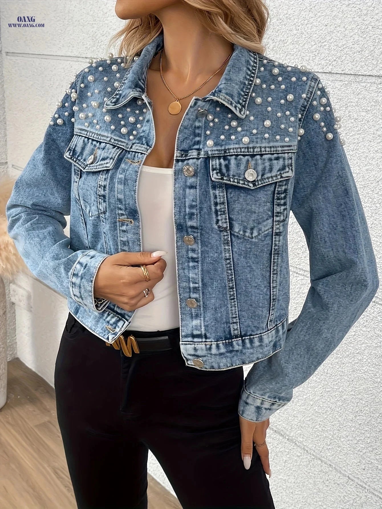 OAXG Women's Beaded Denim Jacket - Elegant Short Sleeve Fashion Top   OAXG 