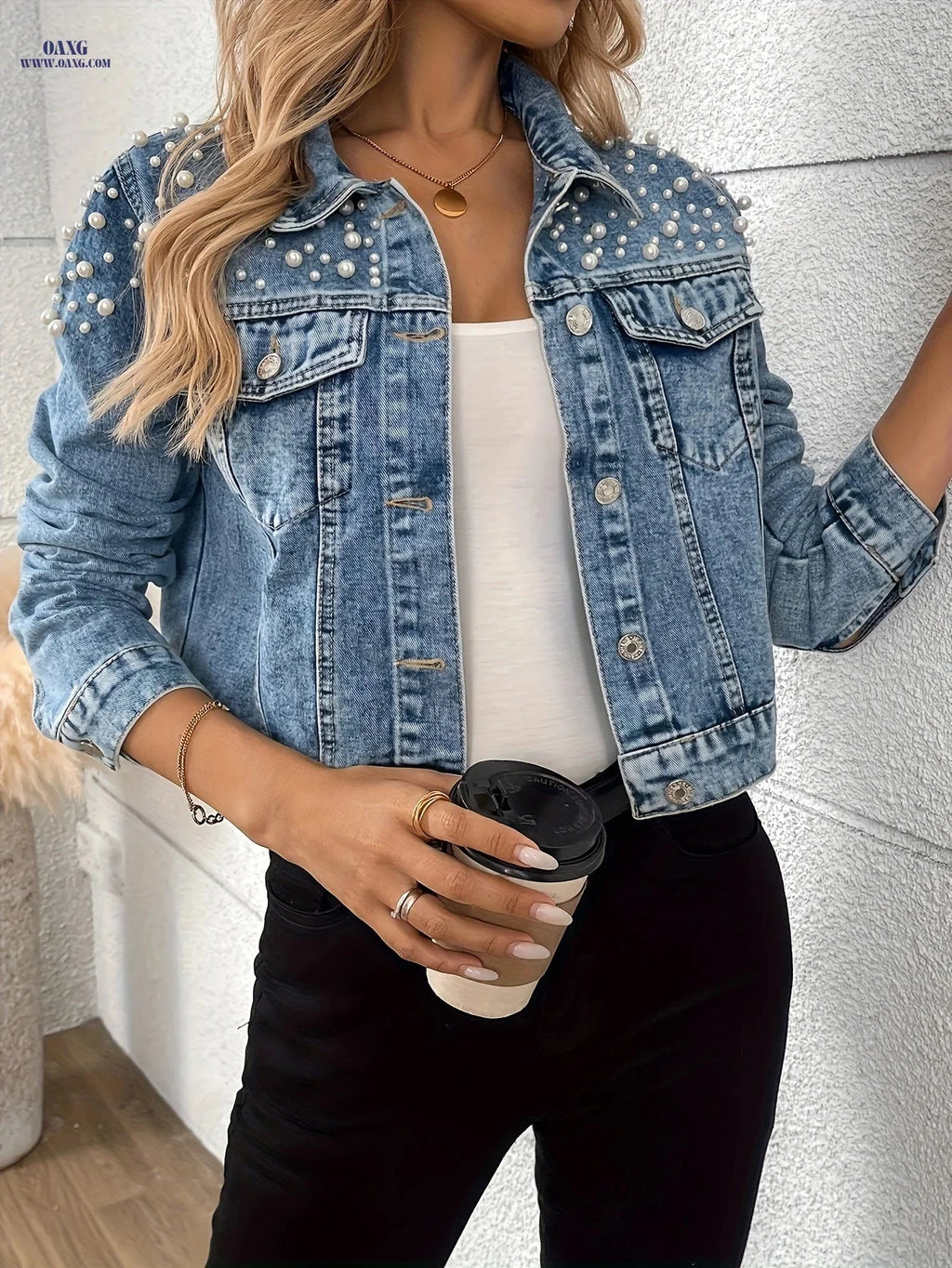 OAXG Women's Beaded Denim Jacket - Elegant Short Sleeve Fashion Top   OAXG 