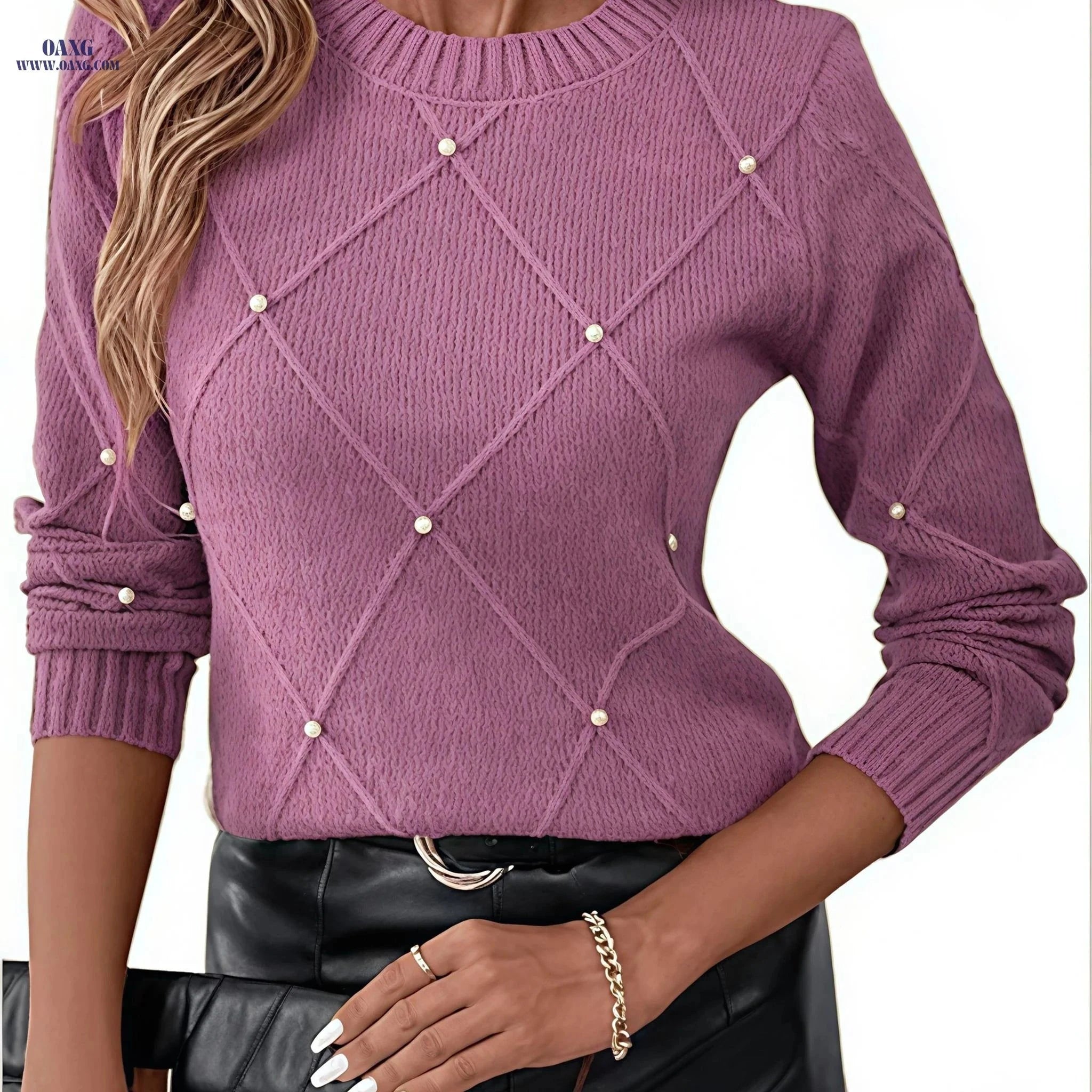 OAXG Women's Beige Casual Sweater - Pearl Details & Round Neck   OAXG Pale Pinkish Gray / S