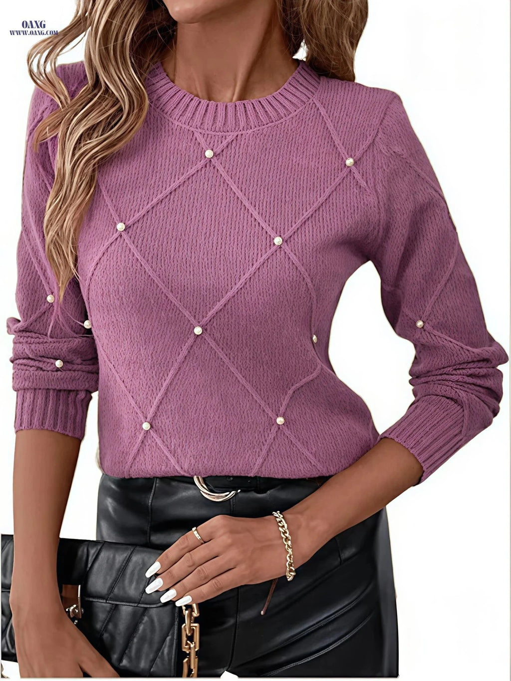 OAXG Women's Beige Casual Sweater - Pearl Details & Round Neck   OAXG Pale Pinkish Gray / S