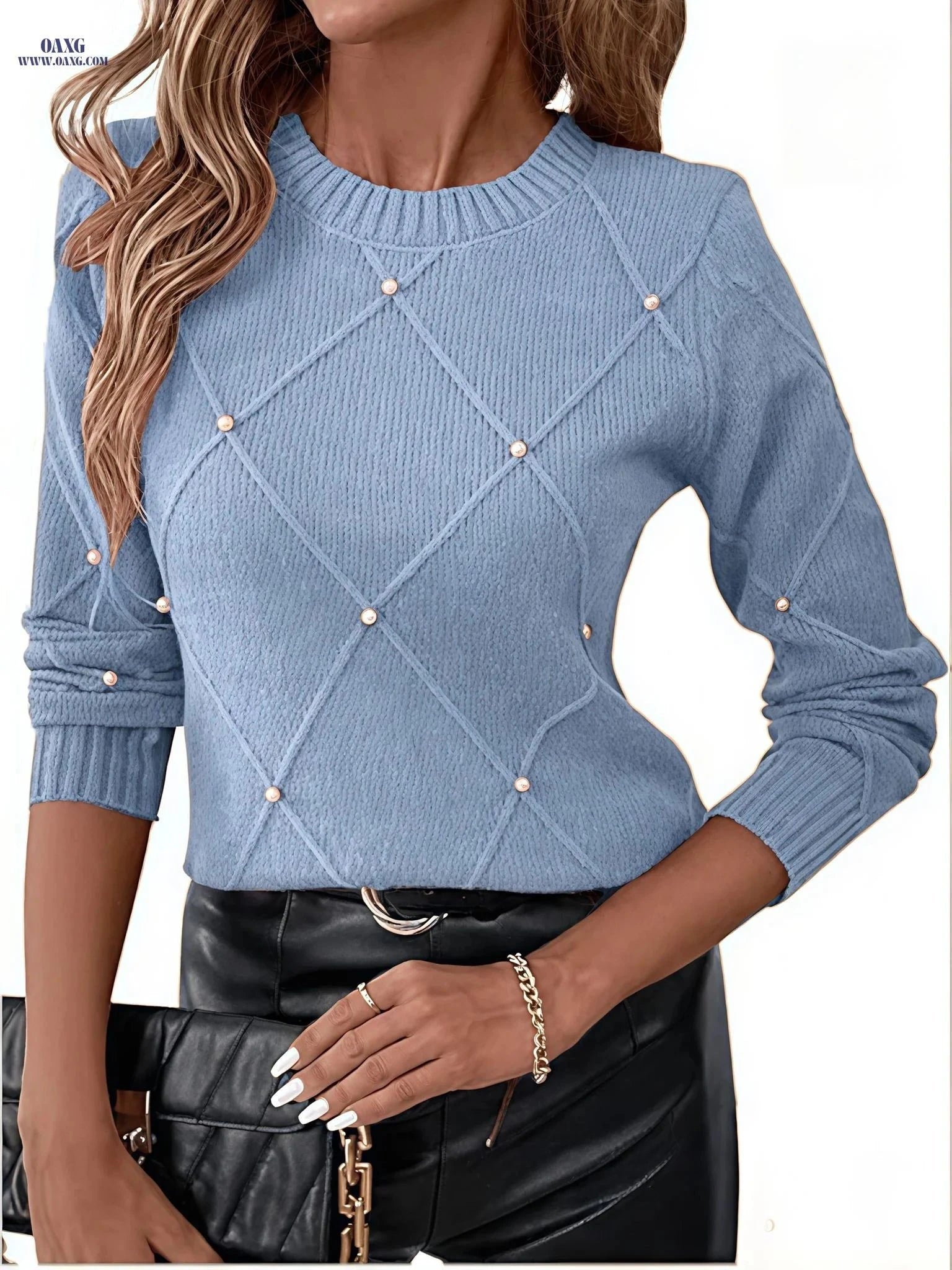 OAXG Women's Beige Casual Sweater - Pearl Details & Round Neck   OAXG Pale Pinkish Gray / S
