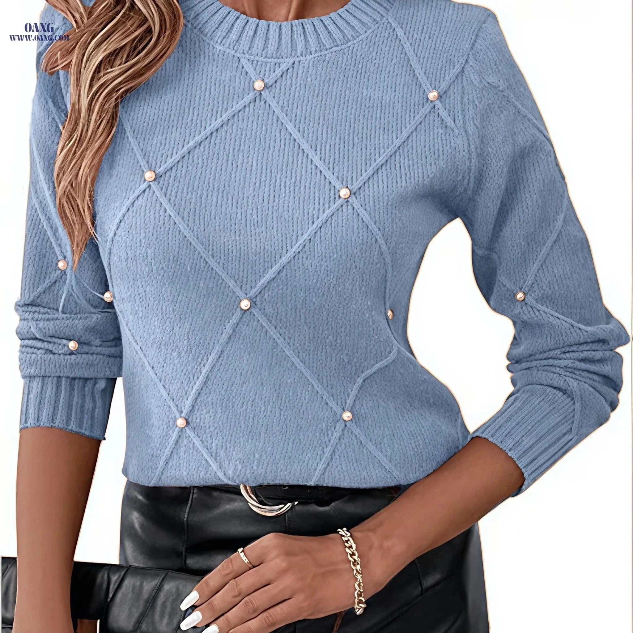 OAXG Women's Beige Casual Sweater - Pearl Details & Round Neck   OAXG Pale Pinkish Gray / S